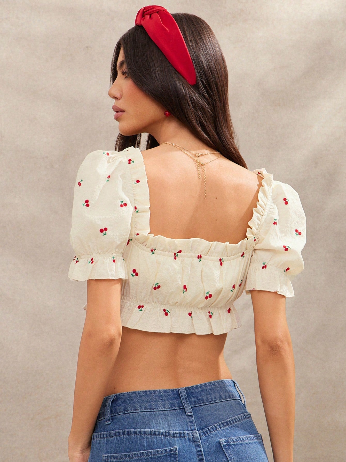 Sweet Cherry Puff Sleeve Crop Top