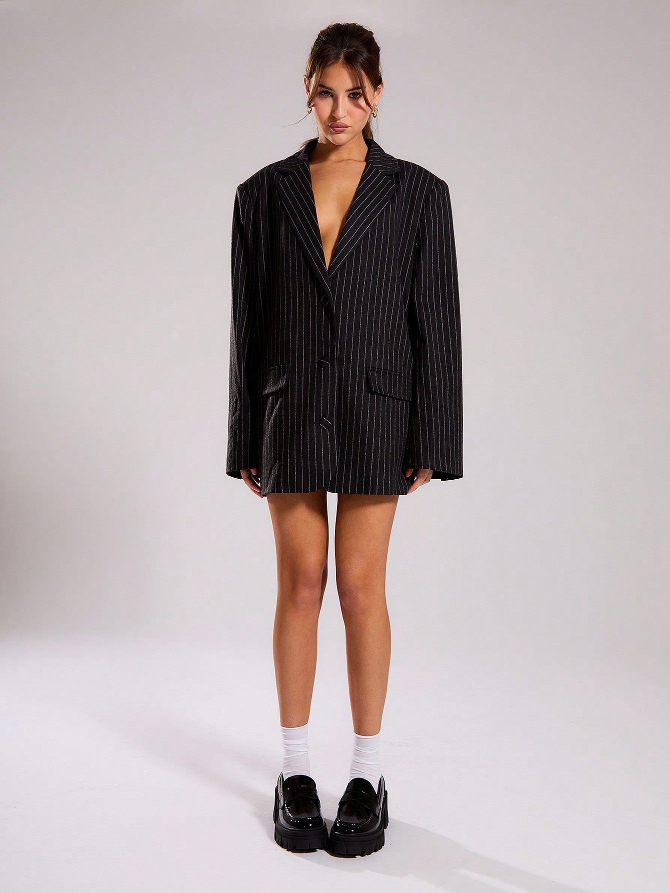 CEO Energy Pinstripe Blazer Dress – Charcoal Black