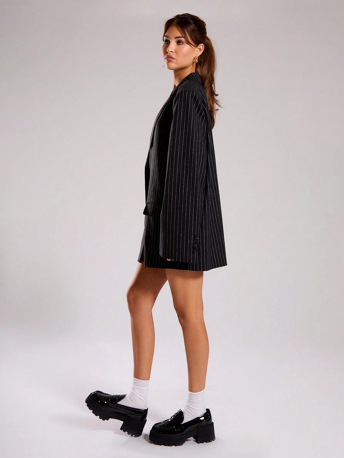 CEO Energy Pinstripe Blazer Dress – Charcoal Black