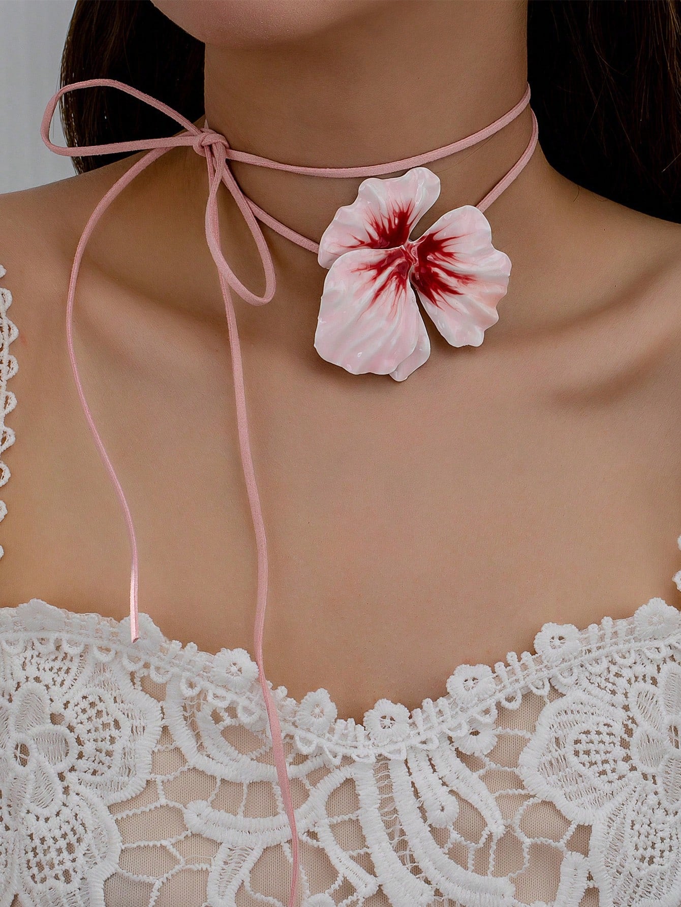 Blush Bloom Ribbon Choker – Pink Floral Statement Necklace