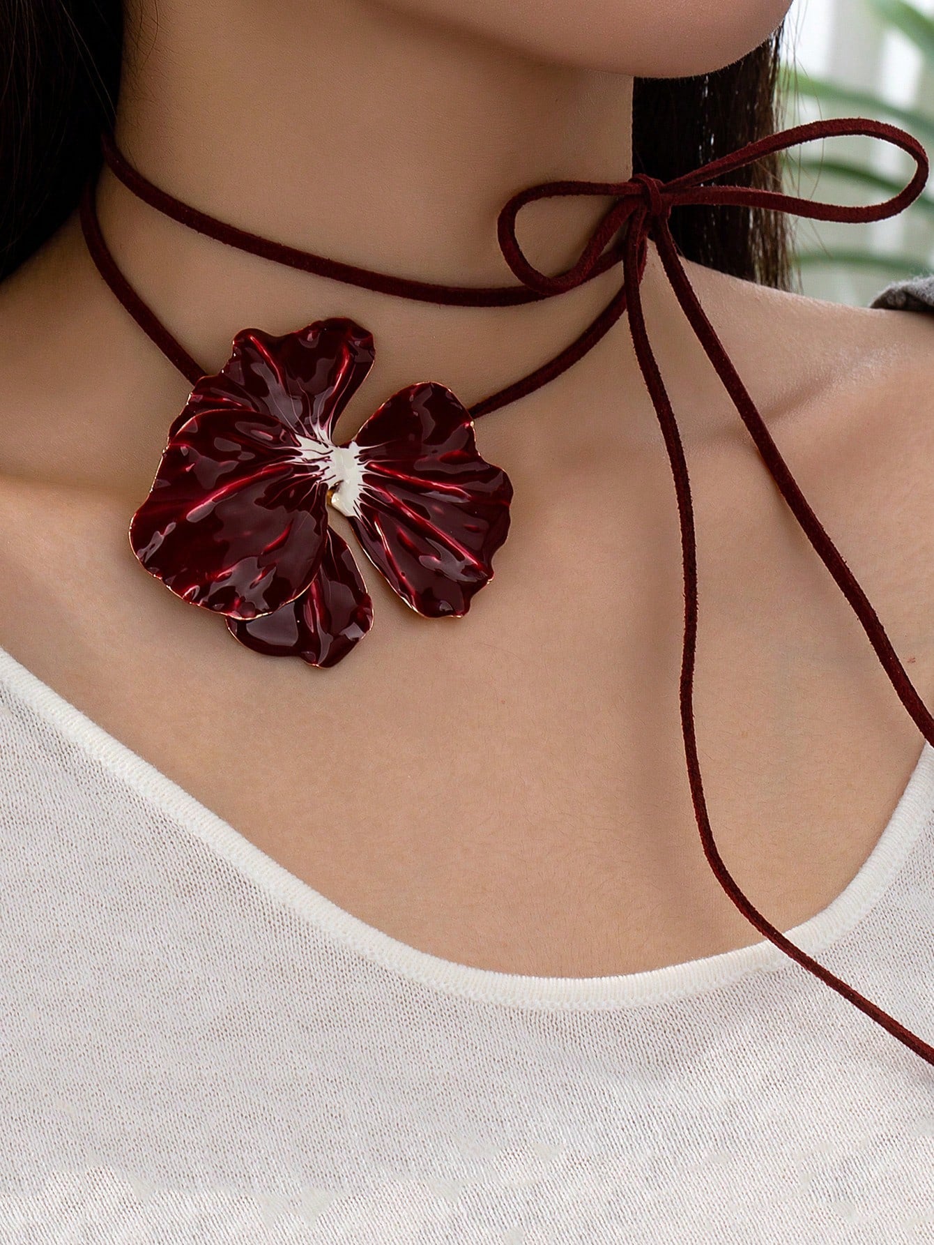 Wine Bloom Ribbon Choker – Deep Burgundy Floral Tie Necklace