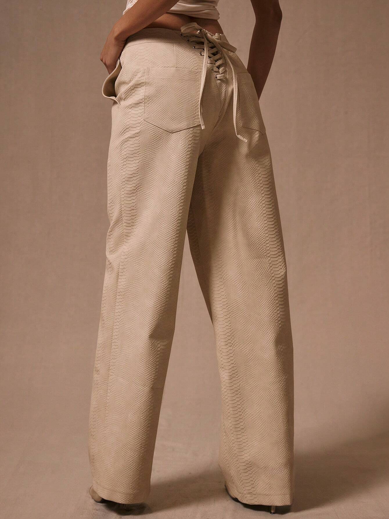 Laced Up Luxe Textured Trousers – Sand Beige