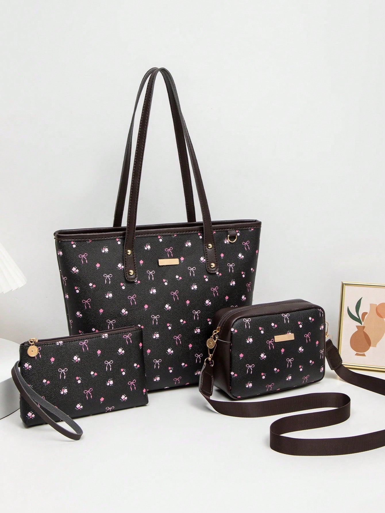 Sweet Bow 3-Piece Handbag Set – Tote, Crossbody & Pouch
