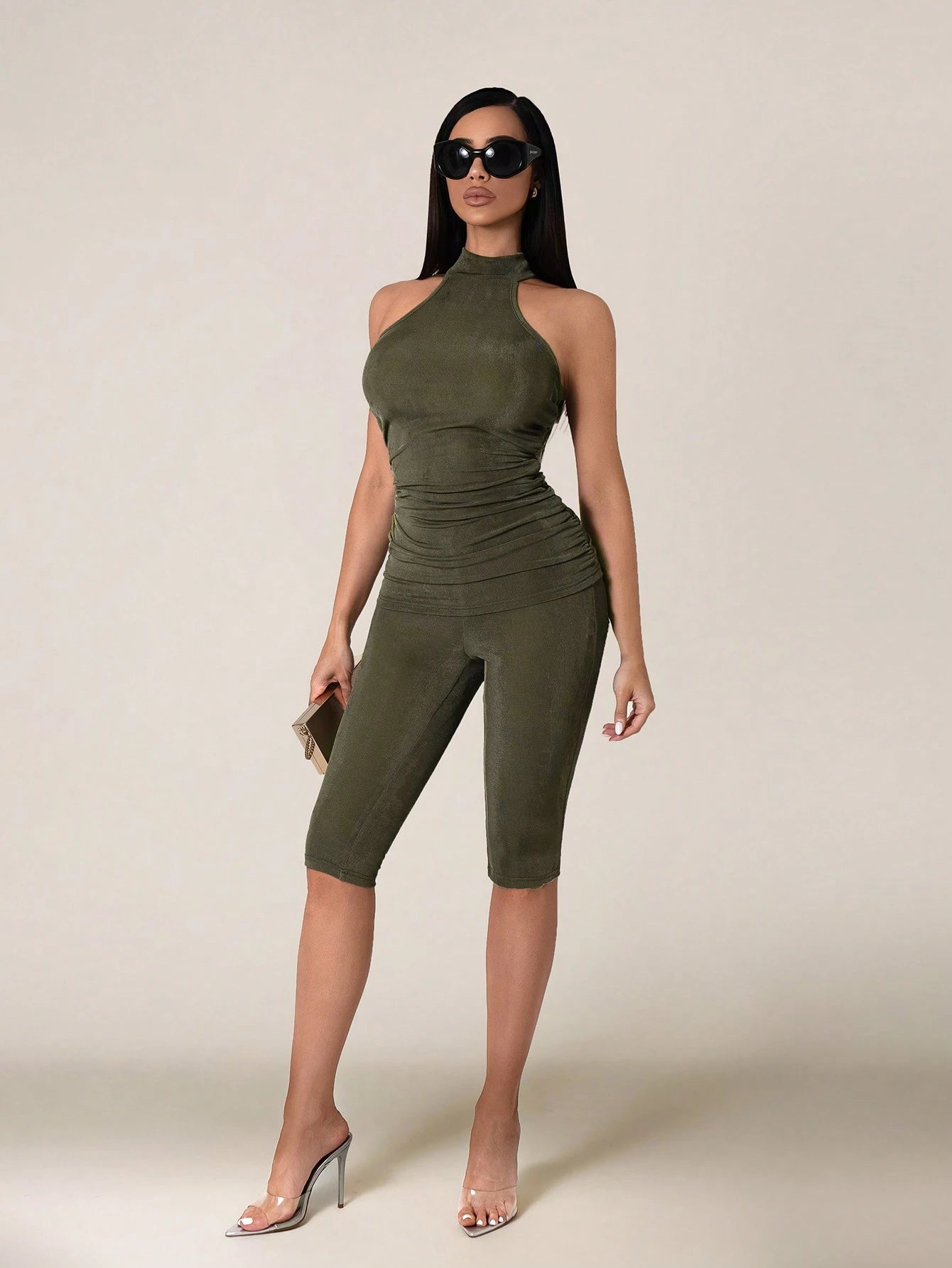 2Pcs Set Sculpted Halter Romper.