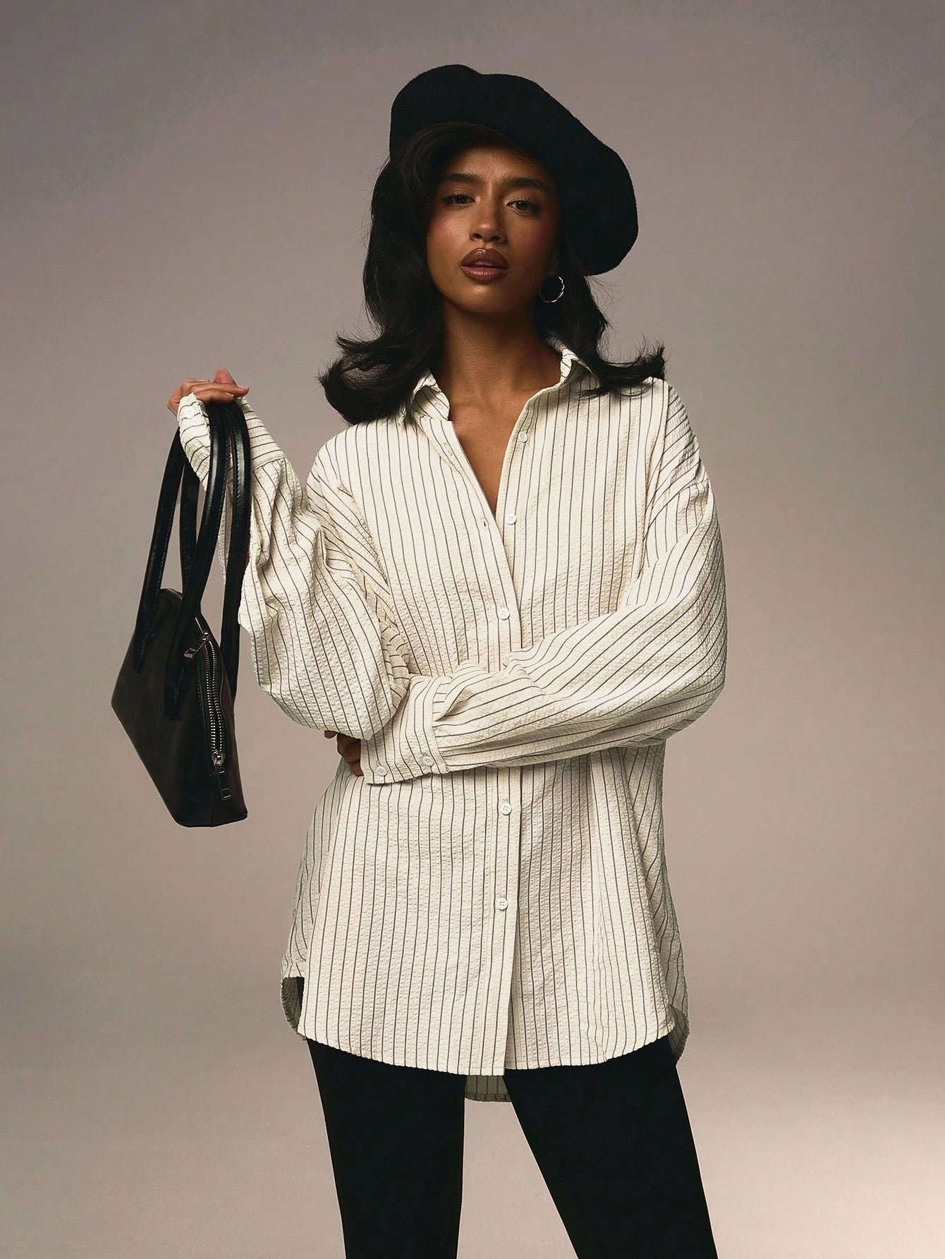 Gallery Edit Textured Stripe Shirt – Ivory & Black