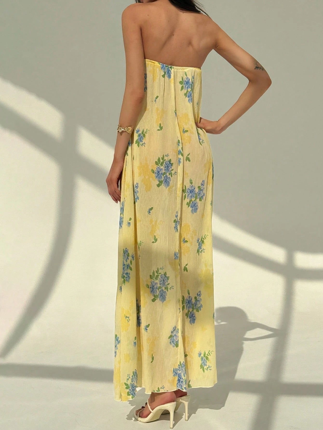 Aloruh New Strapless Pleated Wrinkle Beach Vacation Sexy Slimming Artistic Print Sleeveless Dress,Tea Party Dress,Summer Dresses for Women,Butter Yellow
