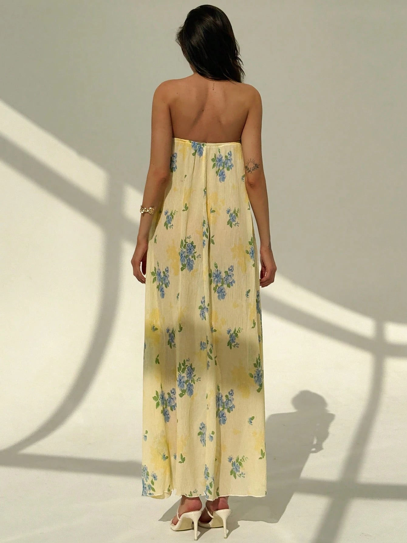 Aloruh New Strapless Pleated Wrinkle Beach Vacation Sexy Slimming Artistic Print Sleeveless Dress,Tea Party Dress,Summer Dresses for Women,Butter Yellow