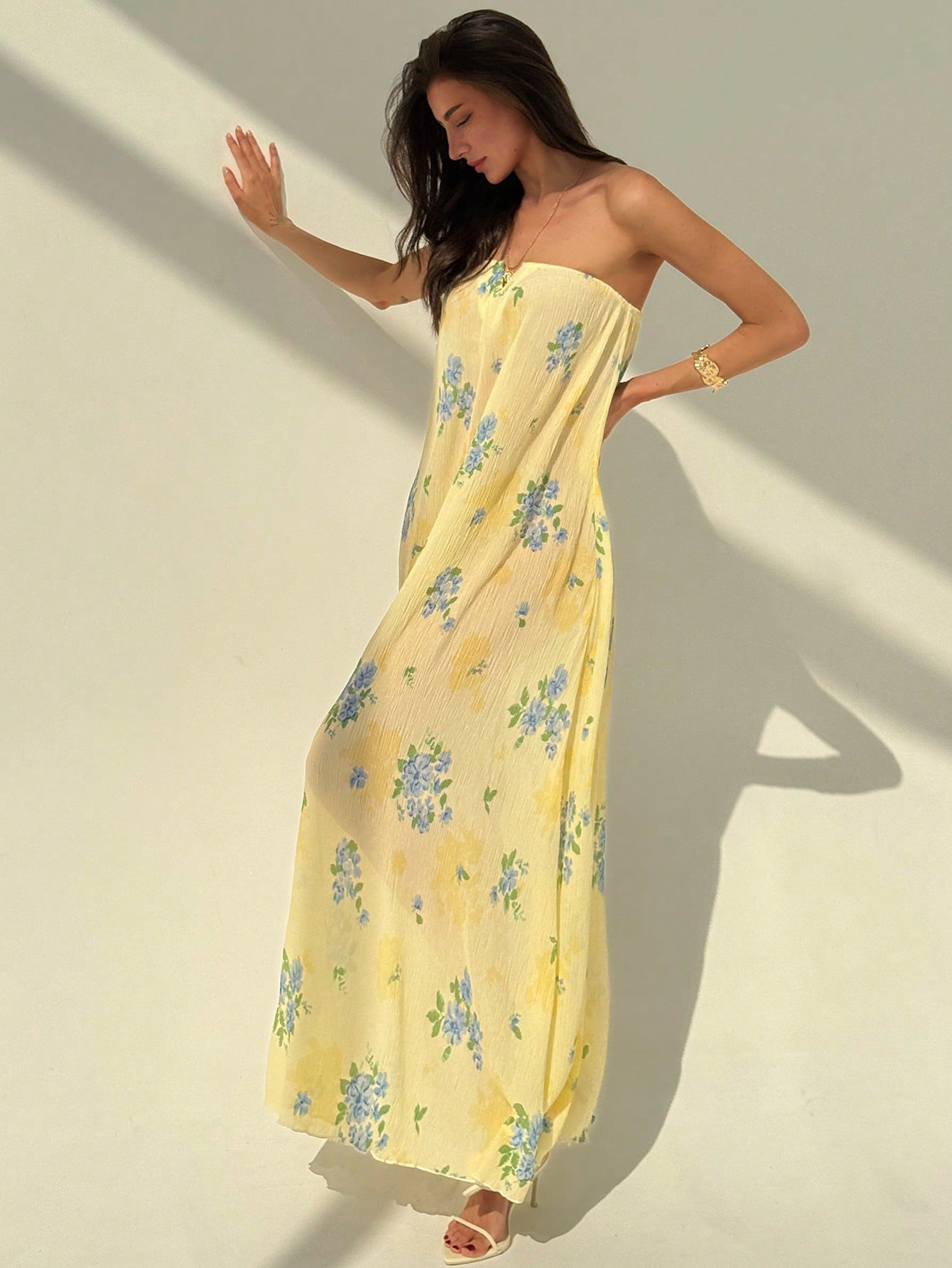 Aloruh New Strapless Pleated Wrinkle Beach Vacation Sexy Slimming Artistic Print Sleeveless Dress,Tea Party Dress,Summer Dresses for Women,Butter Yellow