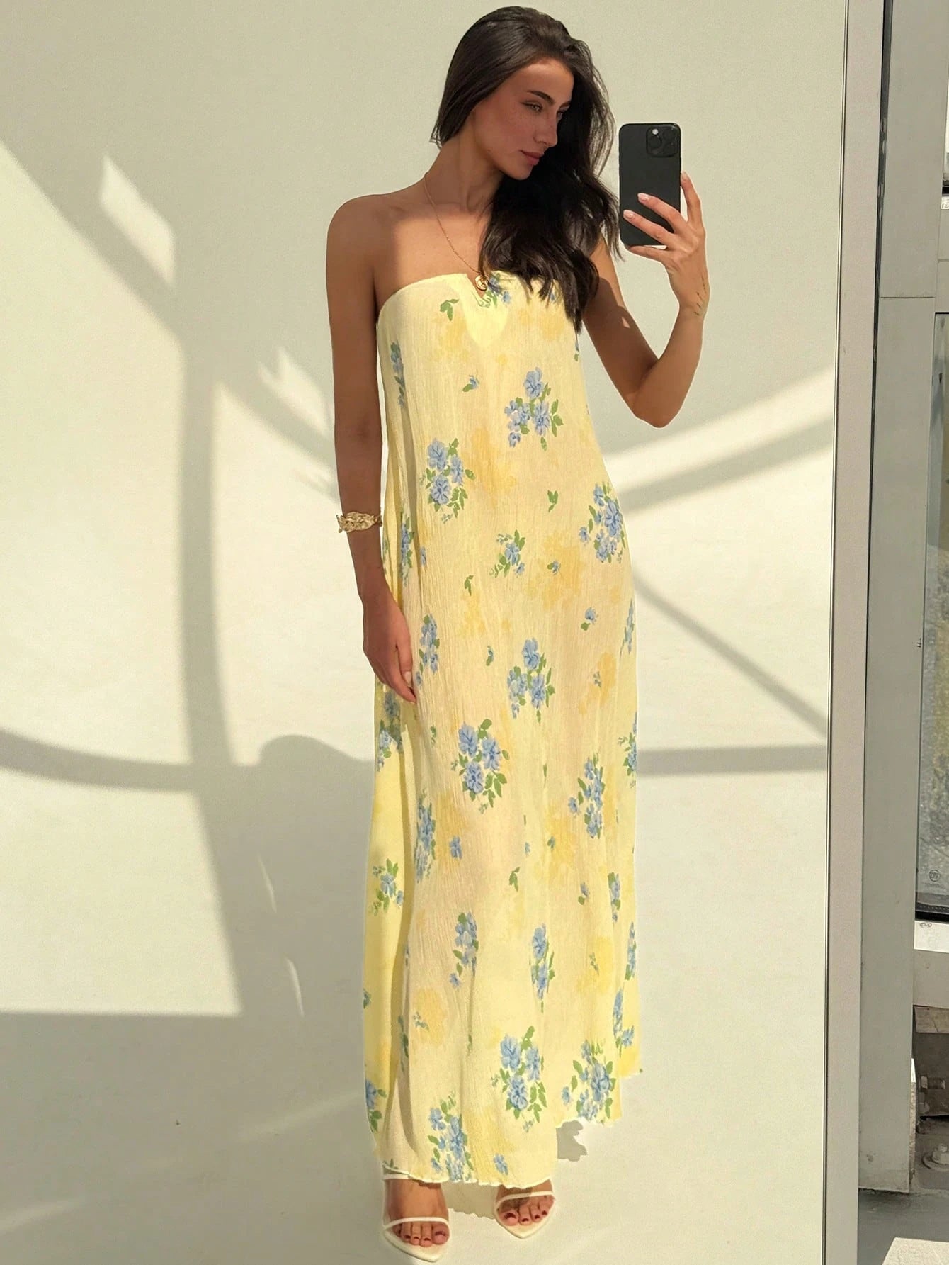 Aloruh New Strapless Pleated Wrinkle Beach Vacation Sexy Slimming Artistic Print Sleeveless Dress,Tea Party Dress,Summer Dresses for Women,Butter Yellow