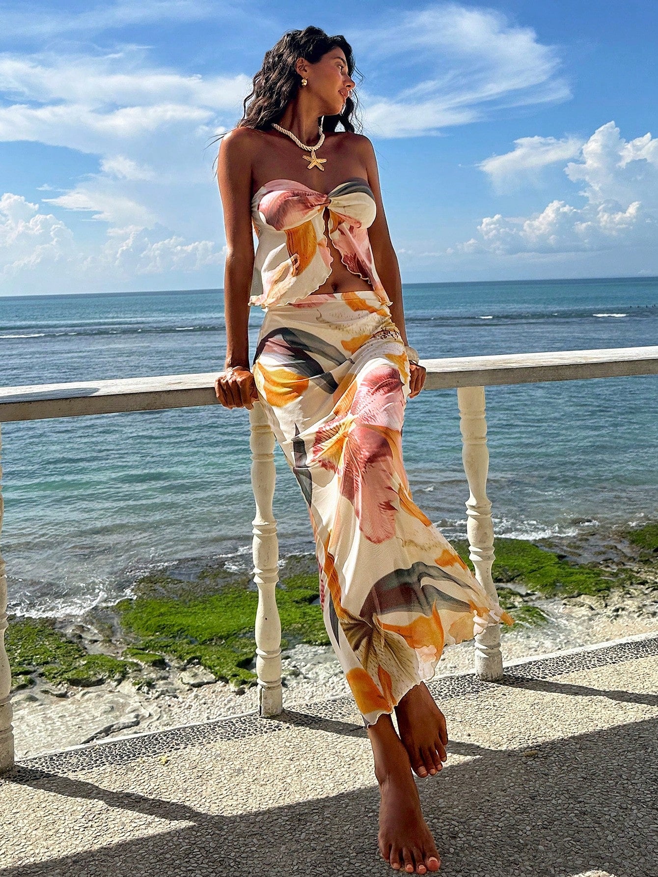 2pcs Sunset Bloom Strapless Maxi Dress