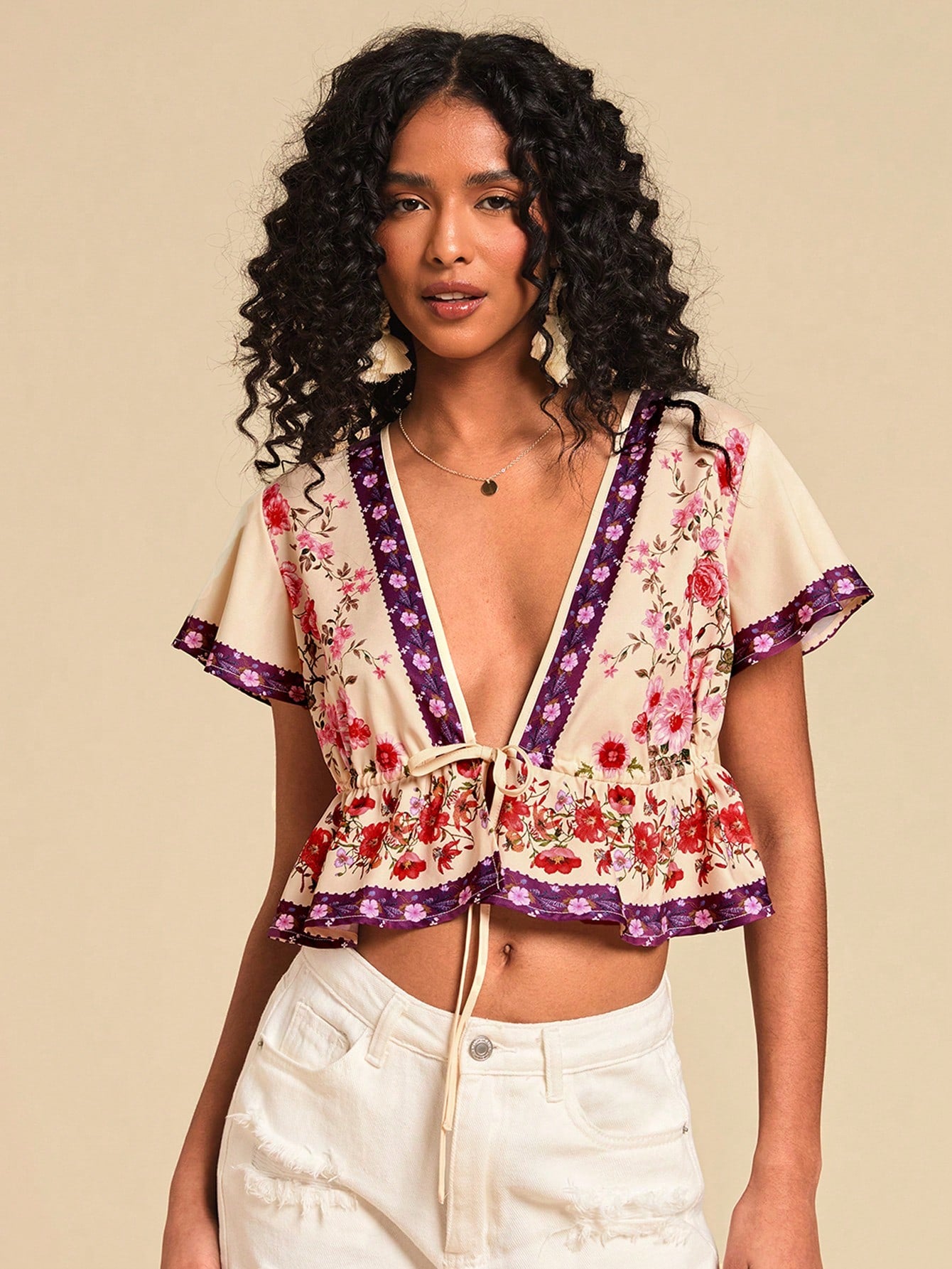 Wild Rosé Tie-Front Peplum Top.