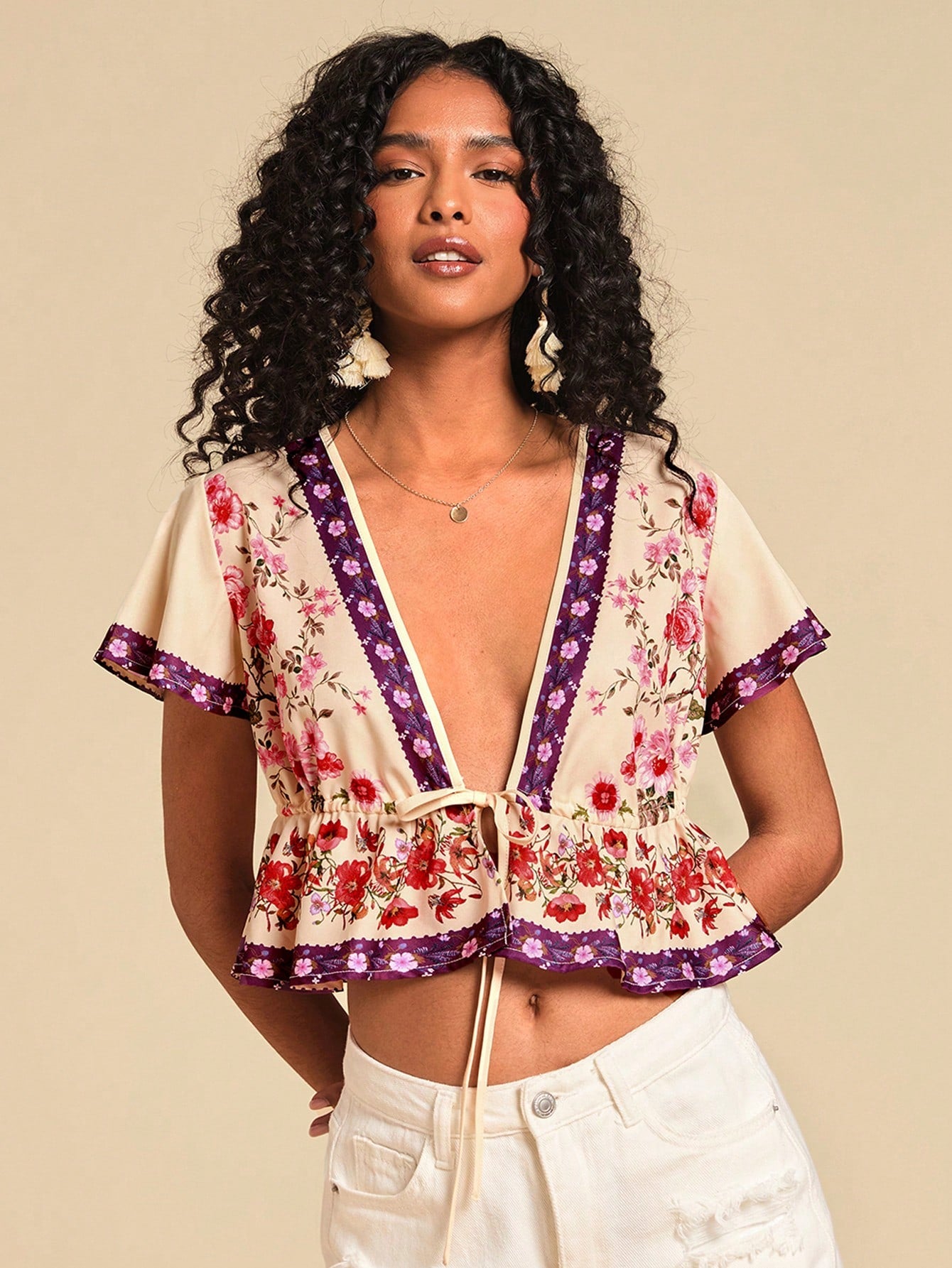 Wild Rosé Tie-Front Peplum Top