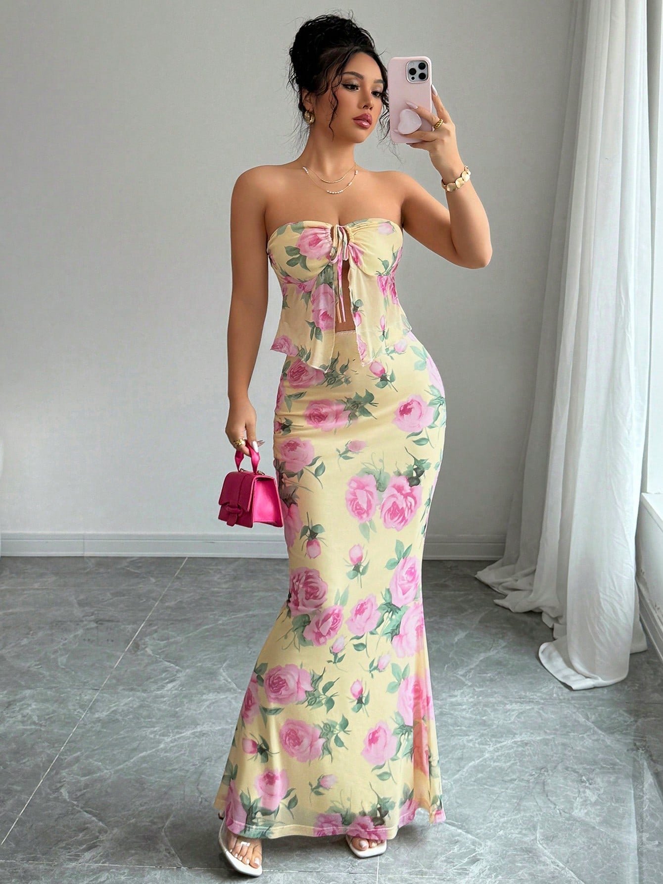 Rosalia Lemon Rose Strapless Floral Maxi Dress 