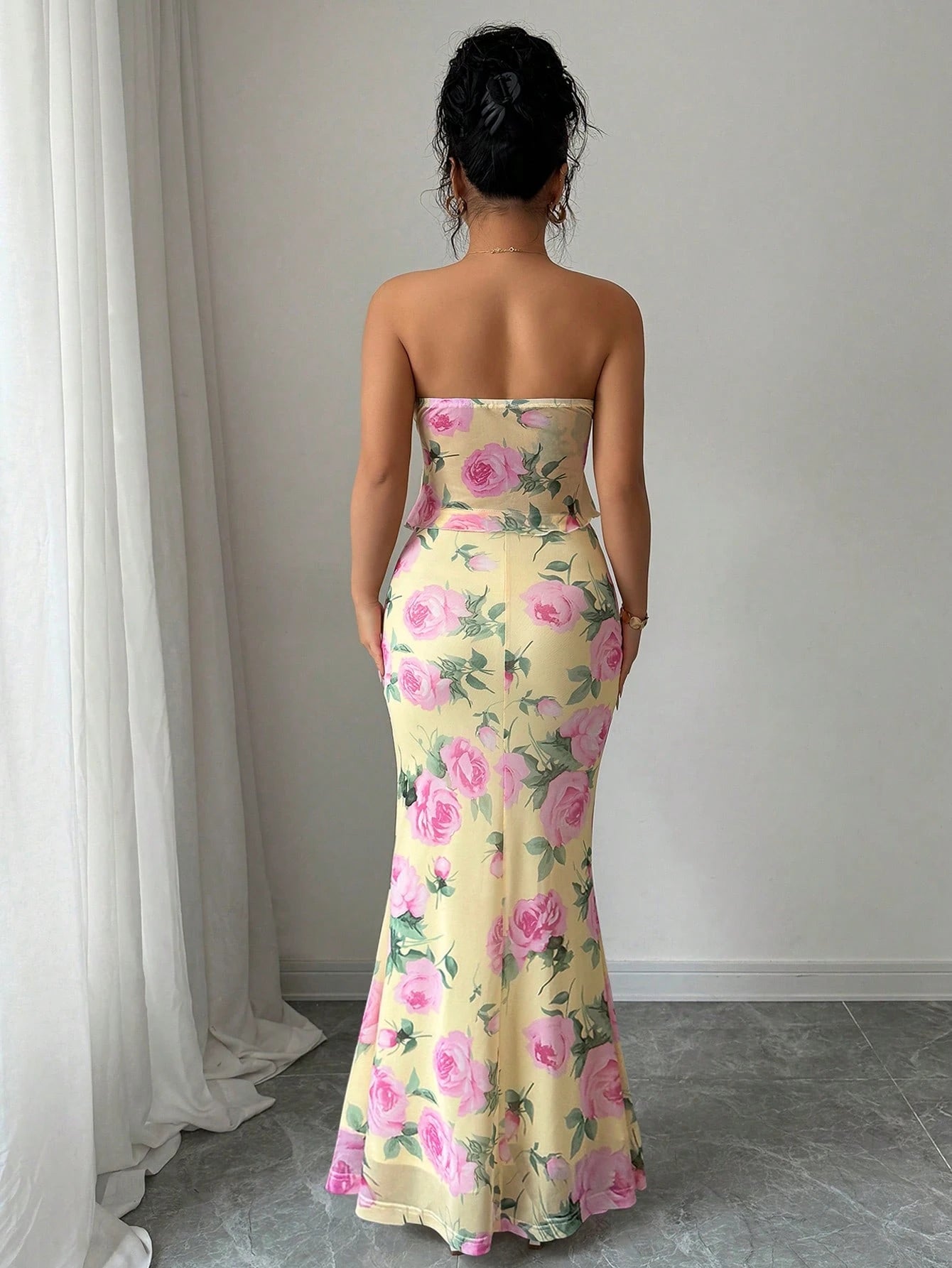 Rosalia Lemon Rose Strapless Floral Maxi Dress 