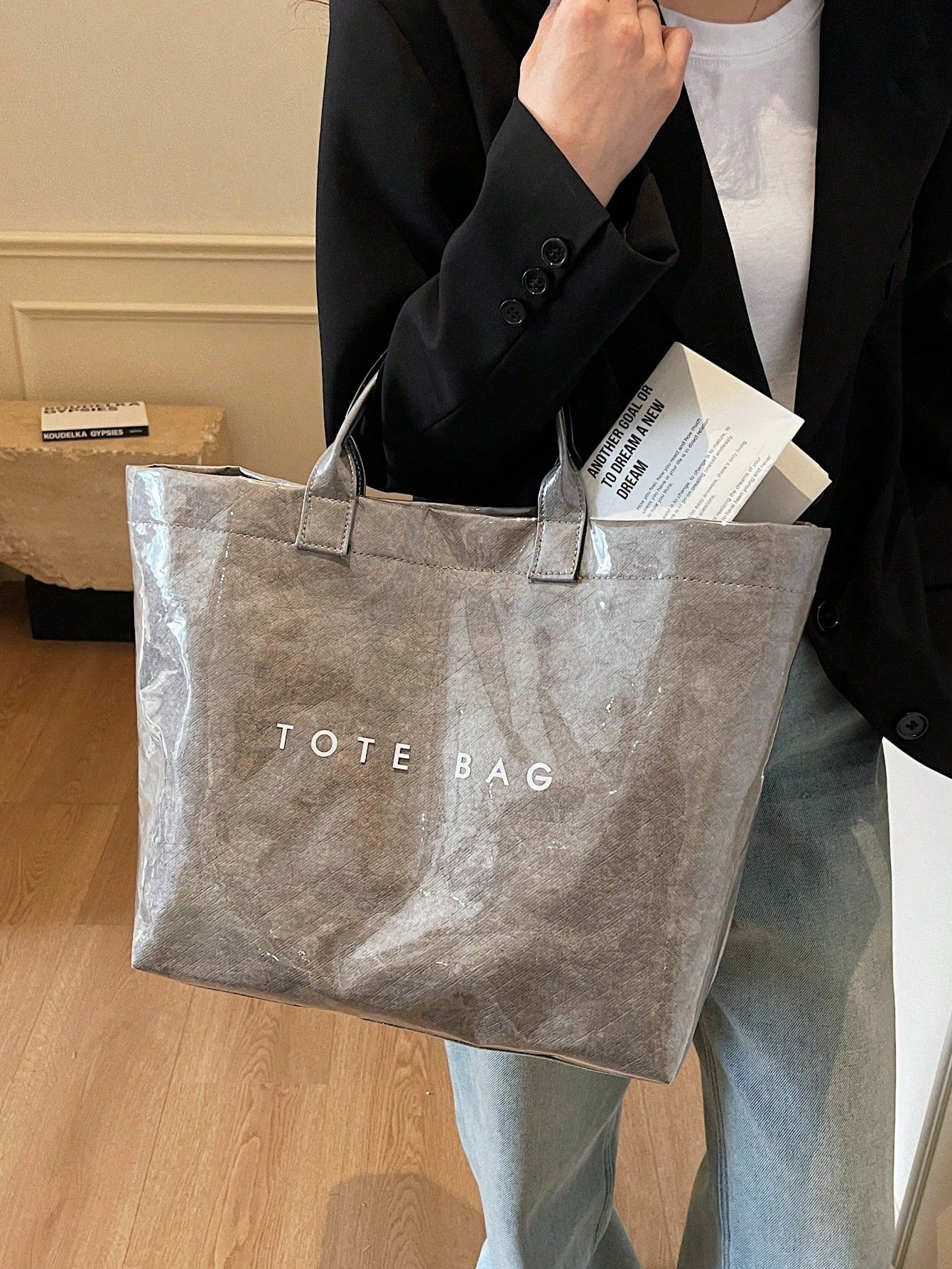 Everyday Oversized Tote Bag – Gray with Bold Print