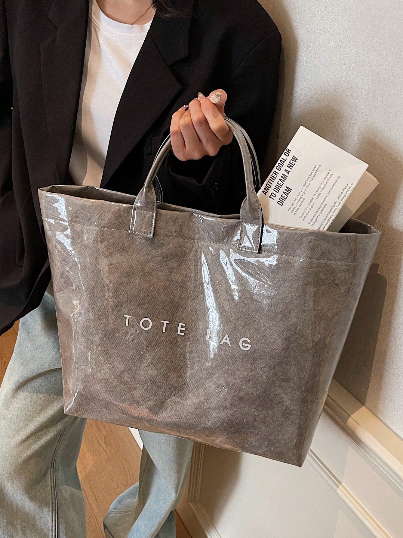 Everyday Oversized Tote Bag – Gray with Bold Print