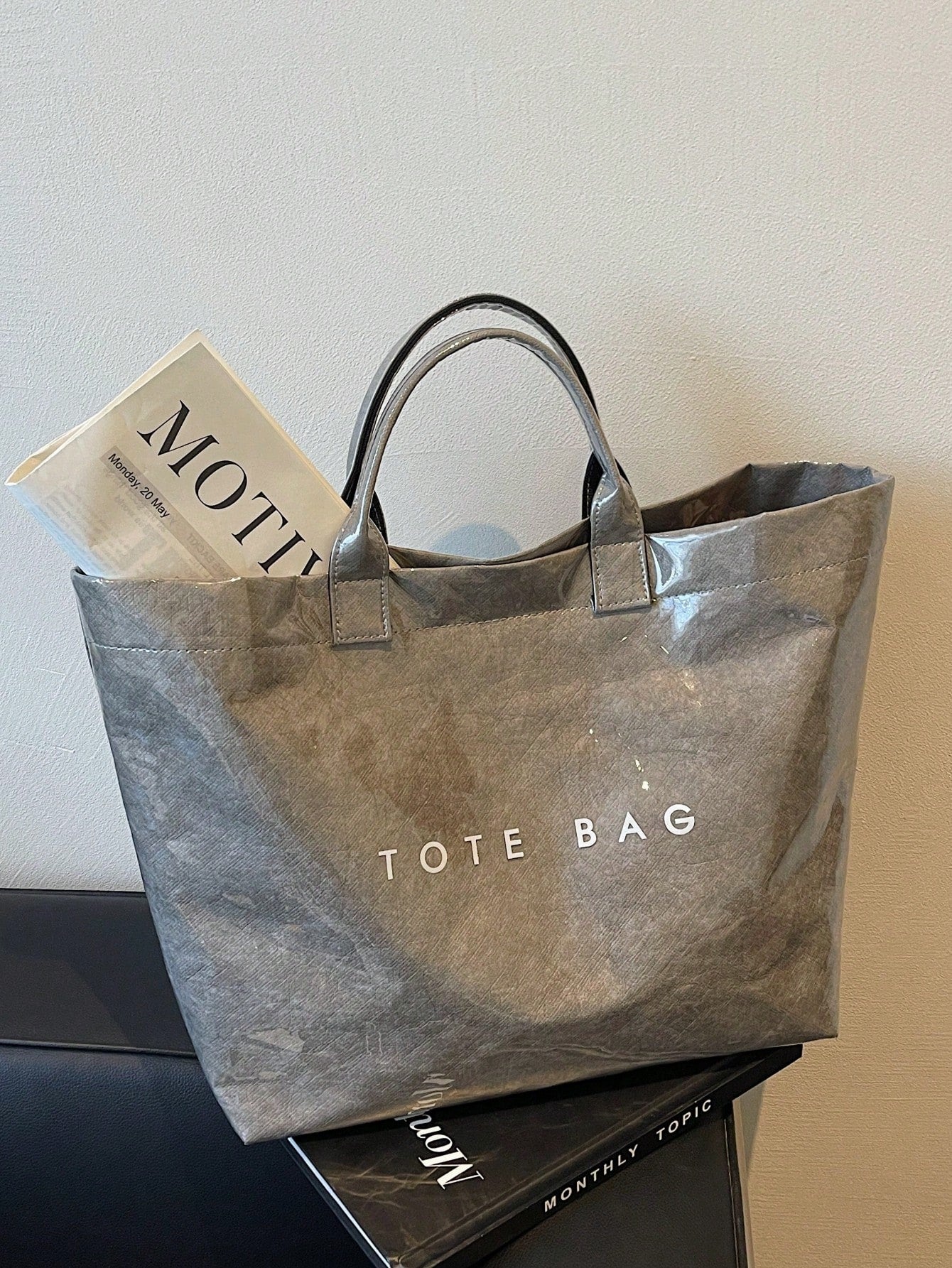 Everyday Oversized Tote Bag – Gray with Bold Print