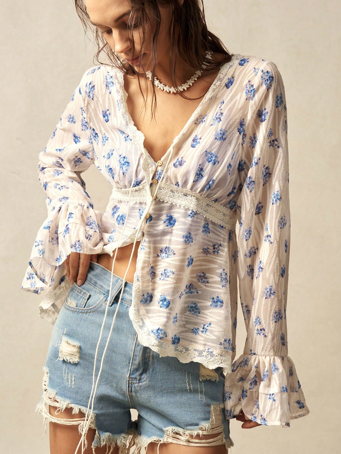 Boho Bloom Tie-Front Blouse – Blue Floral & Lace Detail