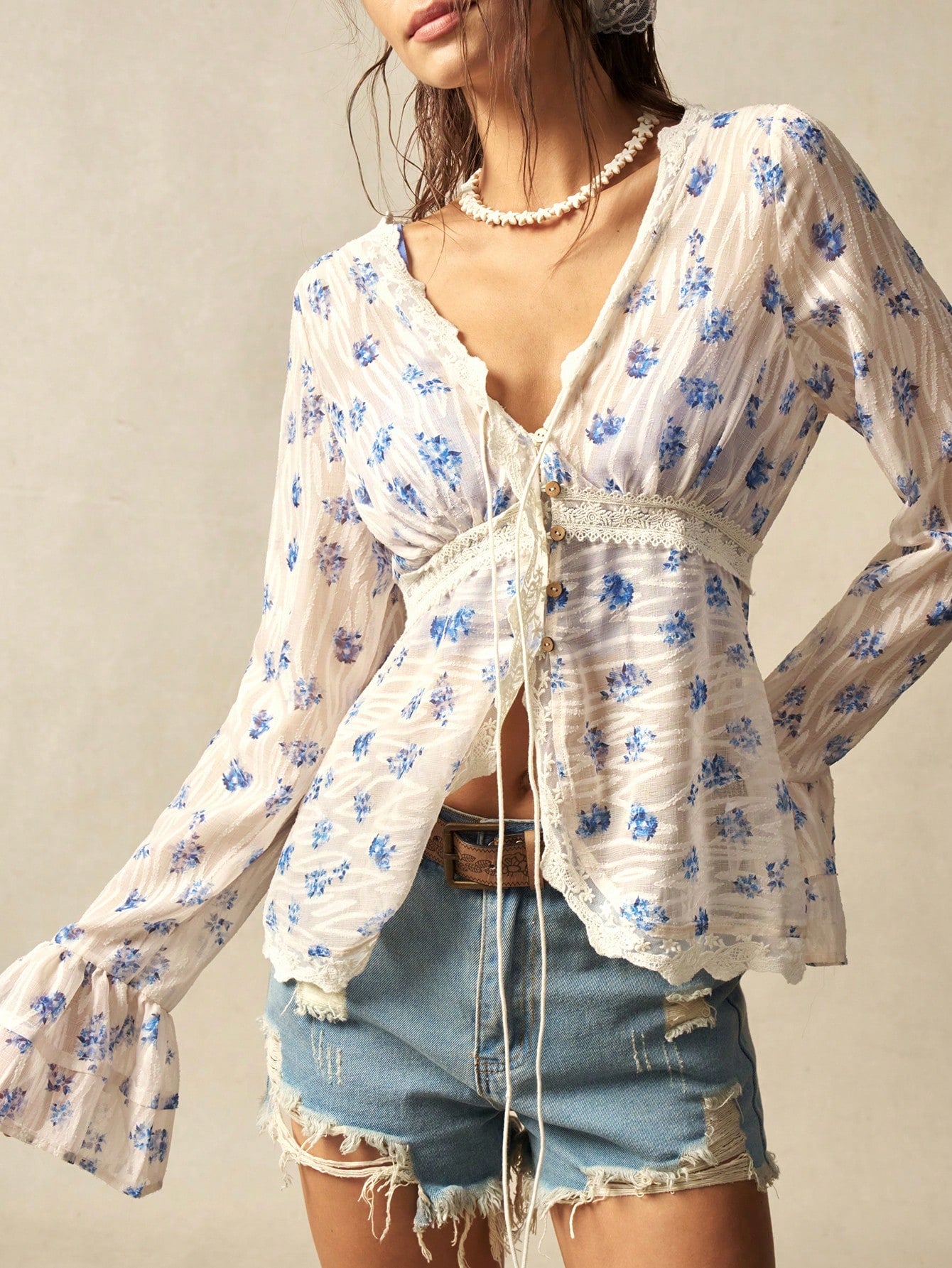 Boho Bloom Tie-Front Blouse – Blue Floral & Lace Detail