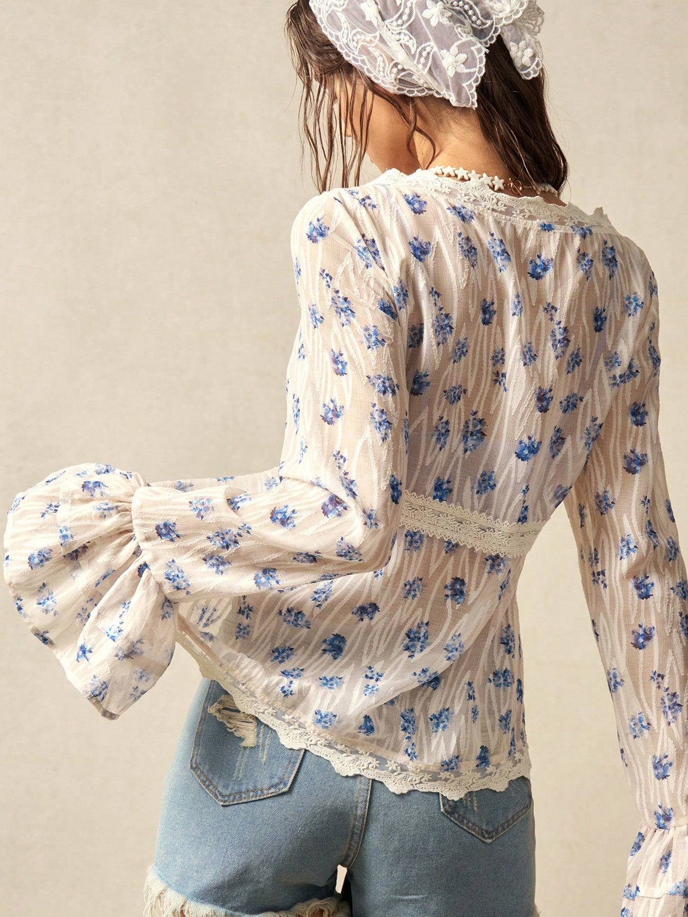 Boho Bloom Tie-Front Blouse – Blue Floral & Lace Detail