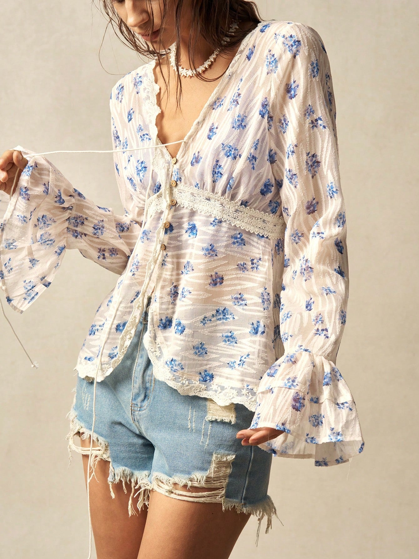 Boho Bloom Tie-Front Blouse – Blue Floral & Lace Detail