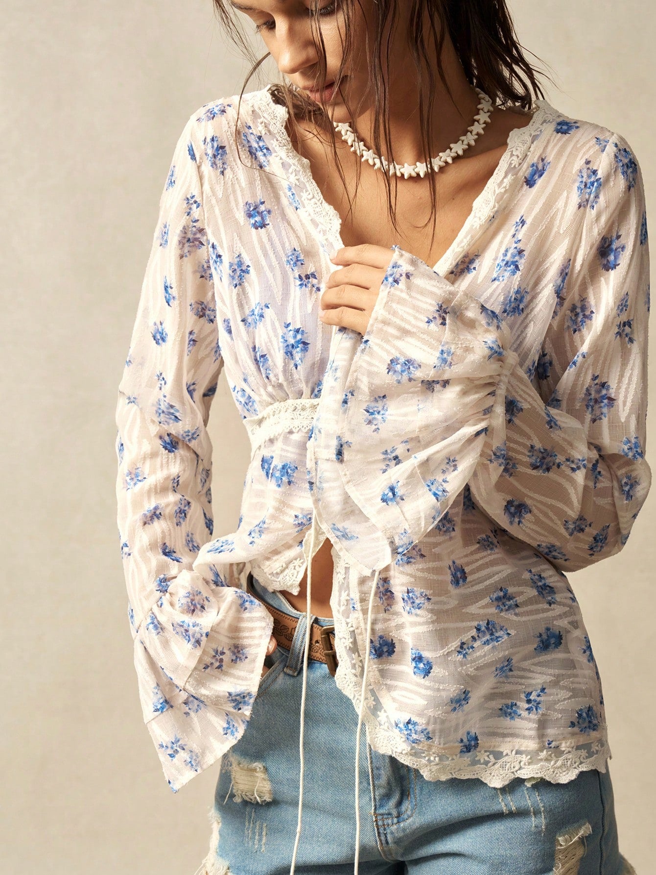 Boho Bloom Tie-Front Blouse – Blue Floral & Lace Detail