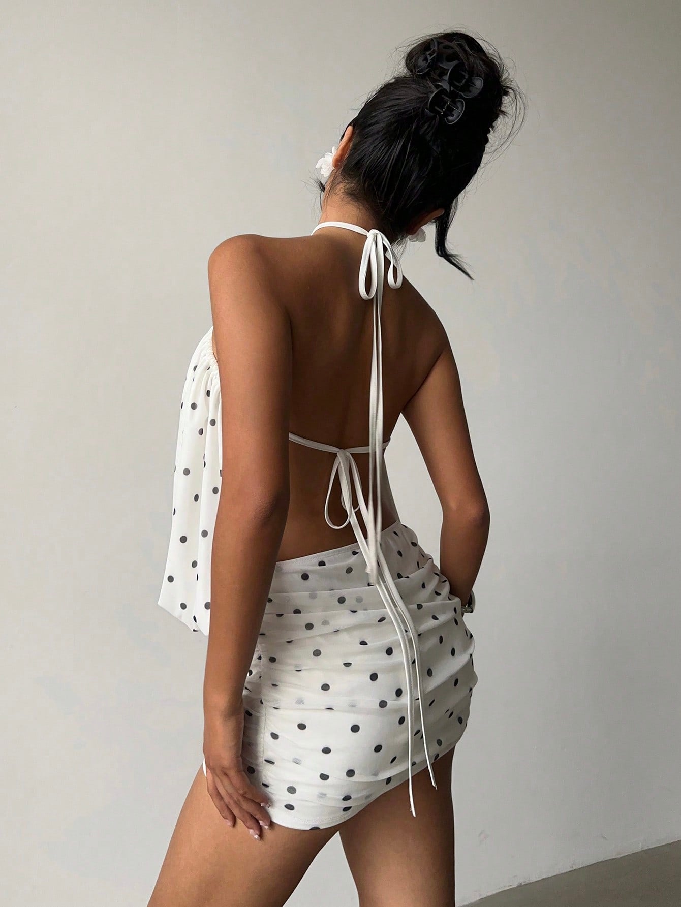 Monet Polka Dot Halter Mini – White Blouson Ruched Dress