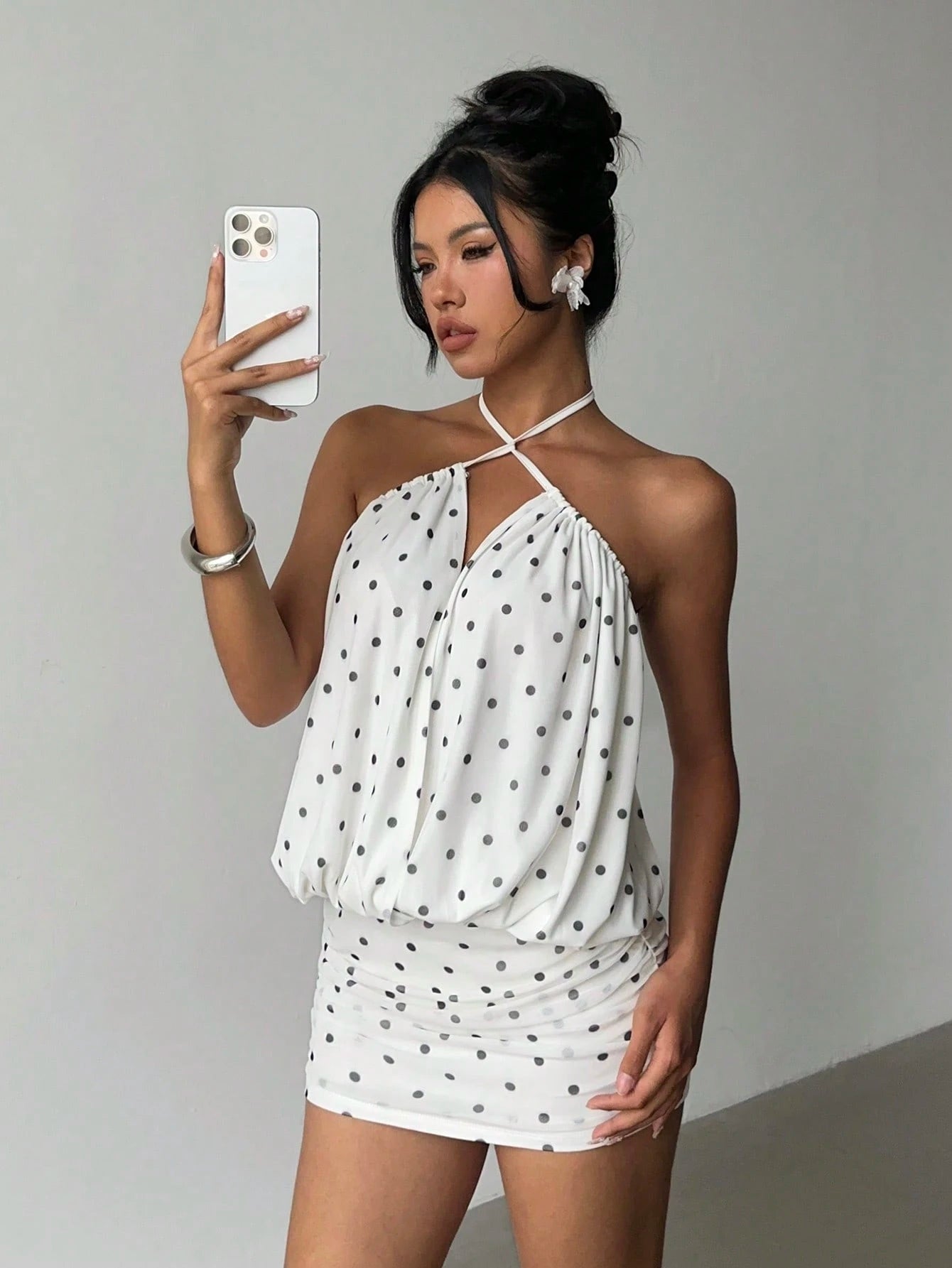 Monet Polka Dot Halter Mini – White Blouson Ruched Dress