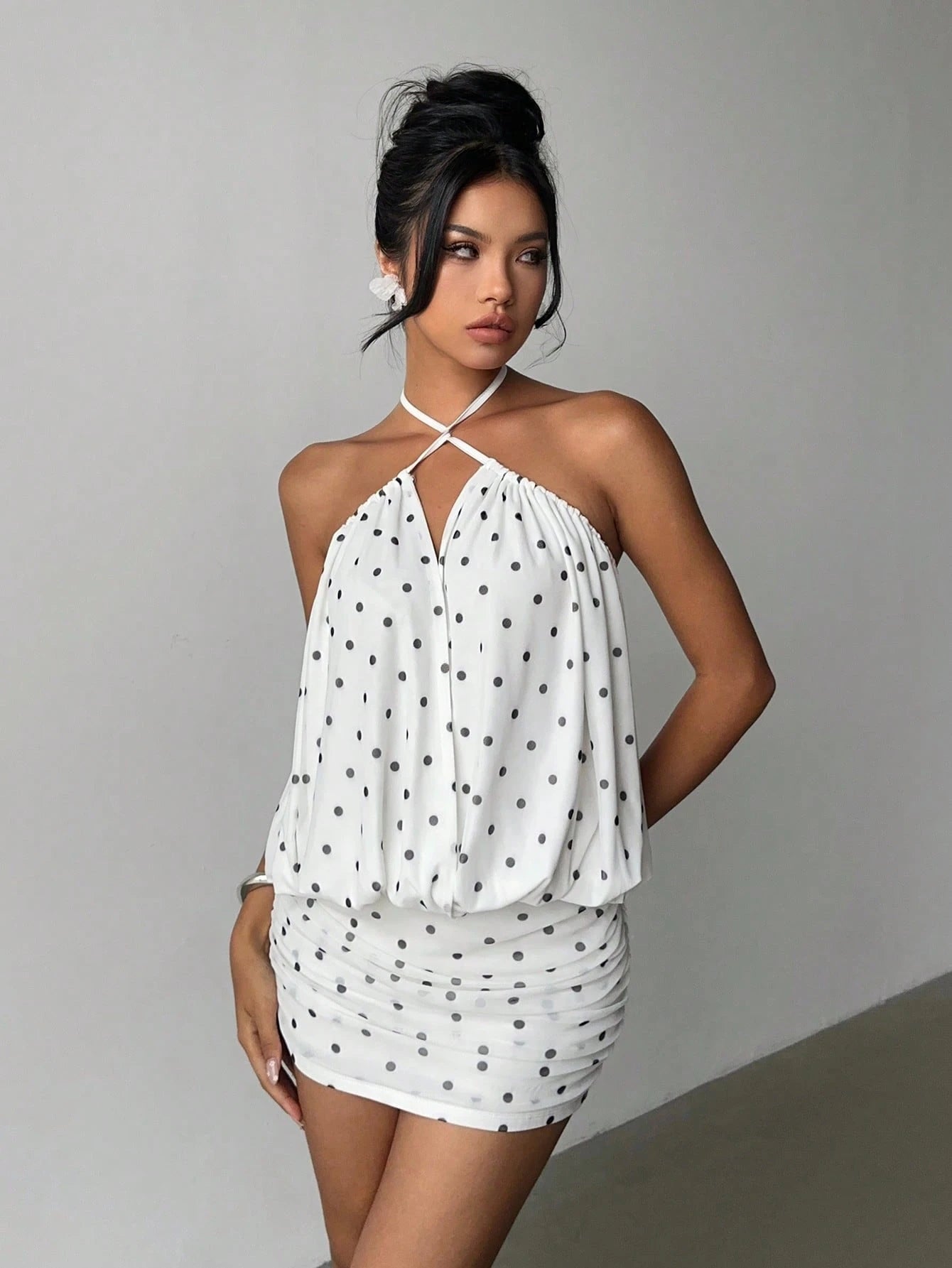 Monet Polka Dot Halter Mini – White Blouson Ruched Dress