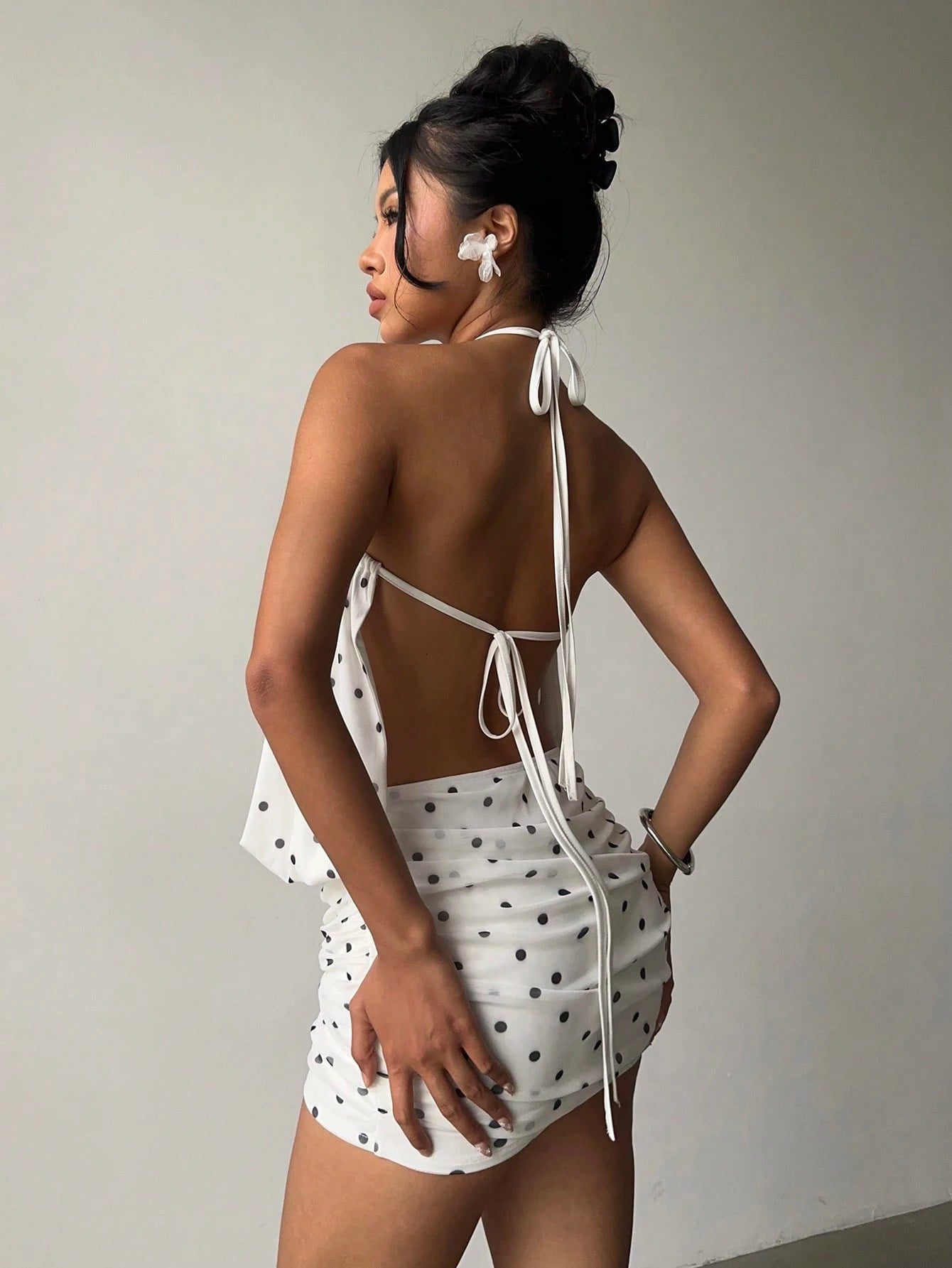 Monet Polka Dot Halter Mini – White Blouson Ruched Dress