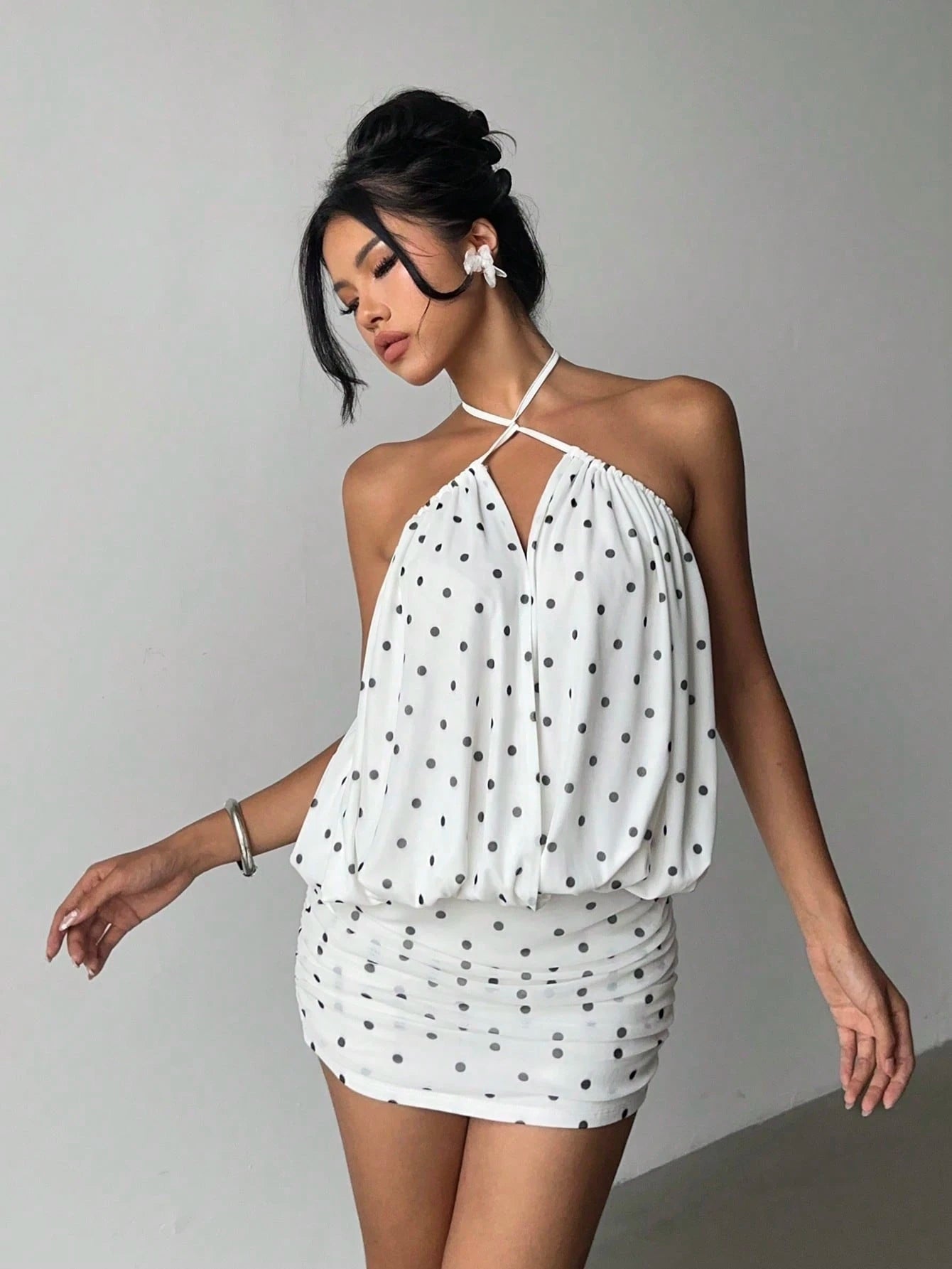 Monet Polka Dot Halter Mini – White Blouson Ruched Dress