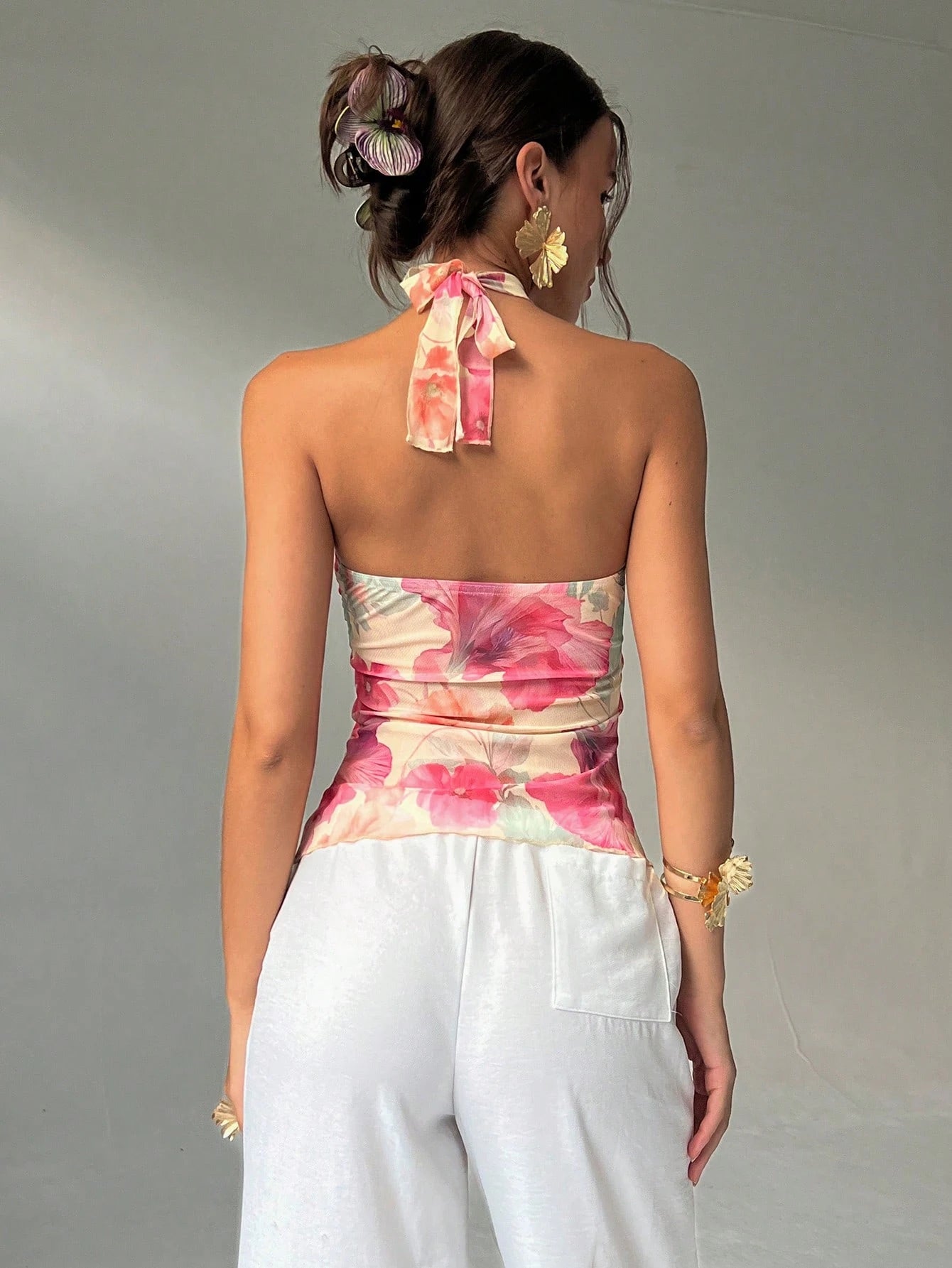 Sunset Floral Blossom Sheer Halter Top.