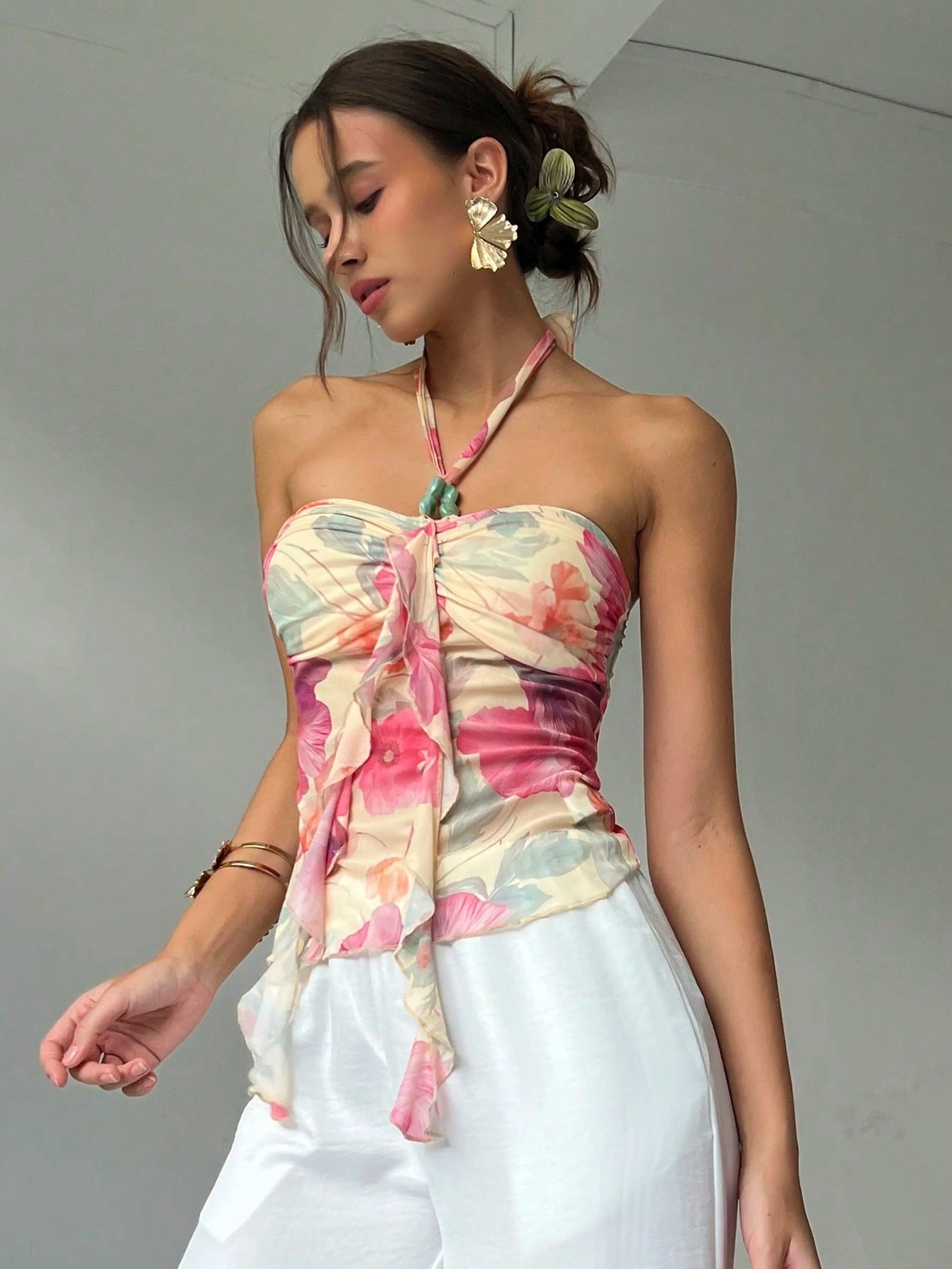 Sunset Floral Blossom Sheer Halter Top.