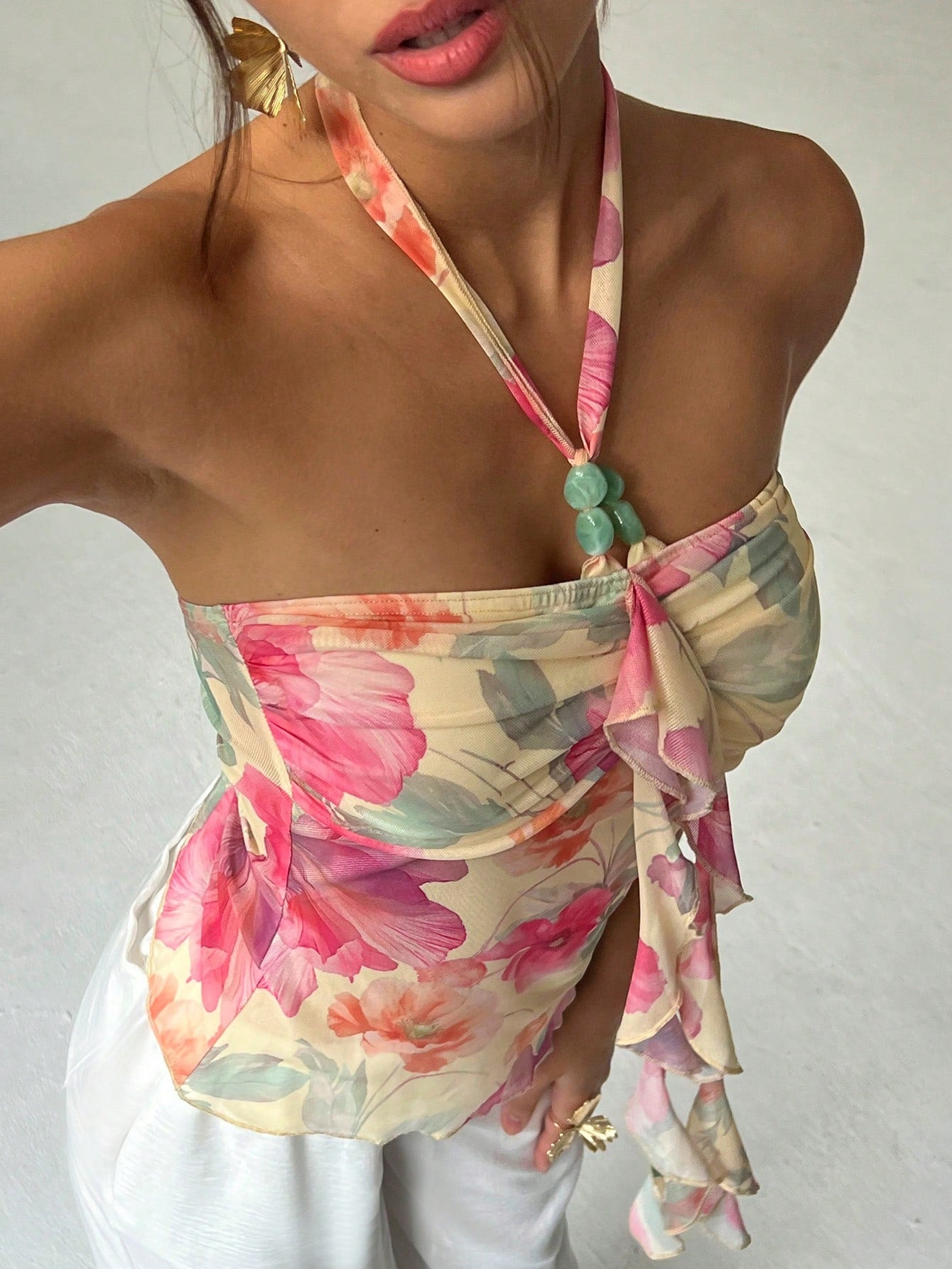 Sunset Floral Blossom Sheer Halter Top.