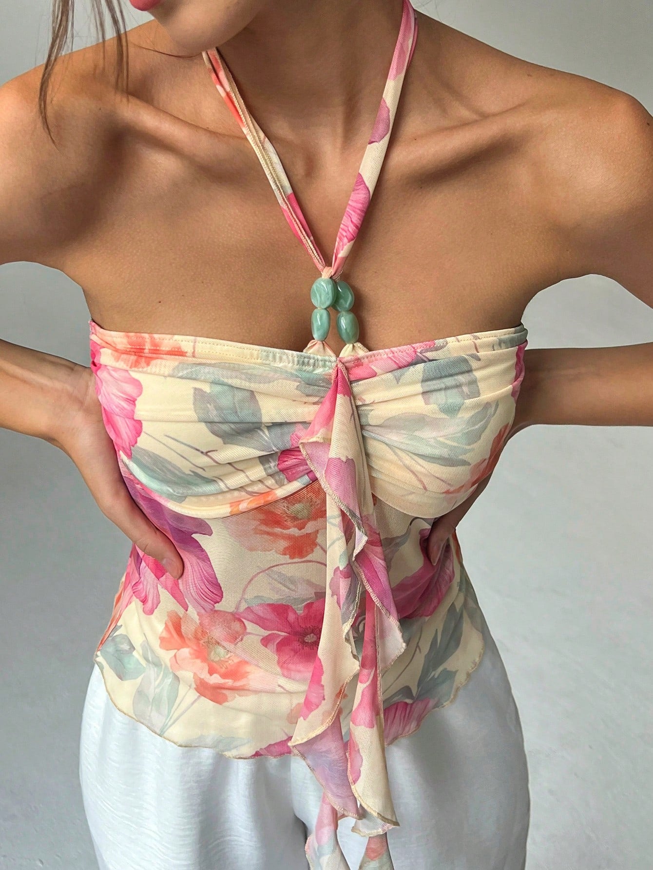 Sunset Floral Blossom Sheer Halter Top.