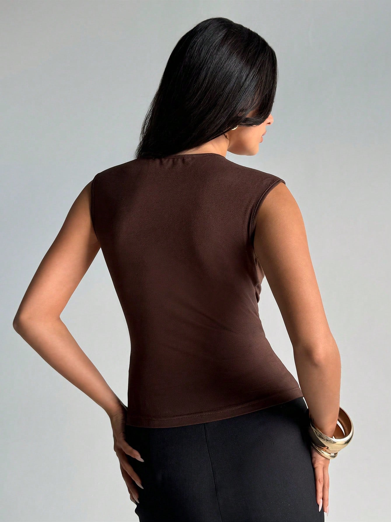 Luna Beaded Cut-Out Top – Chocolate Brown Sleeveless Tee