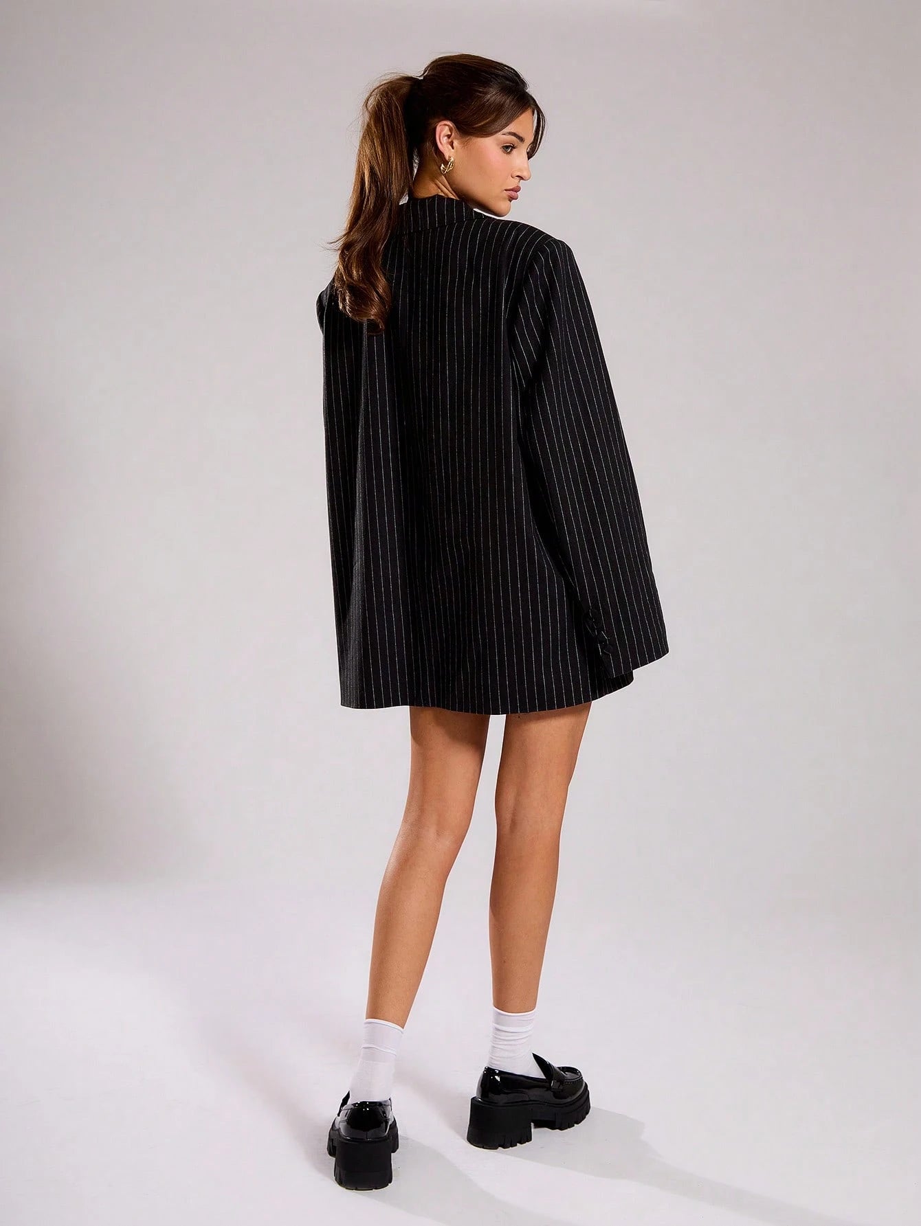 CEO Energy Pinstripe Blazer Dress – Charcoal Black