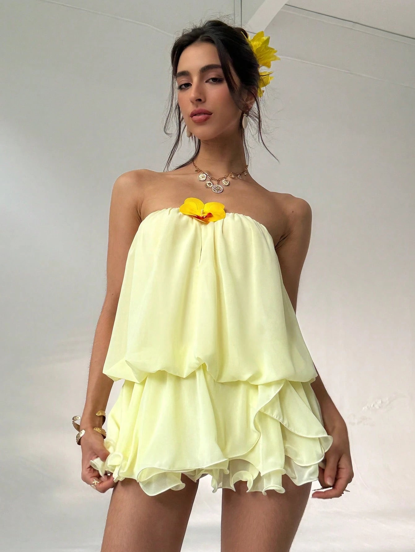 Sunny Bloom Strapless Mini Dress – Layered Yellow with Orchid Accent