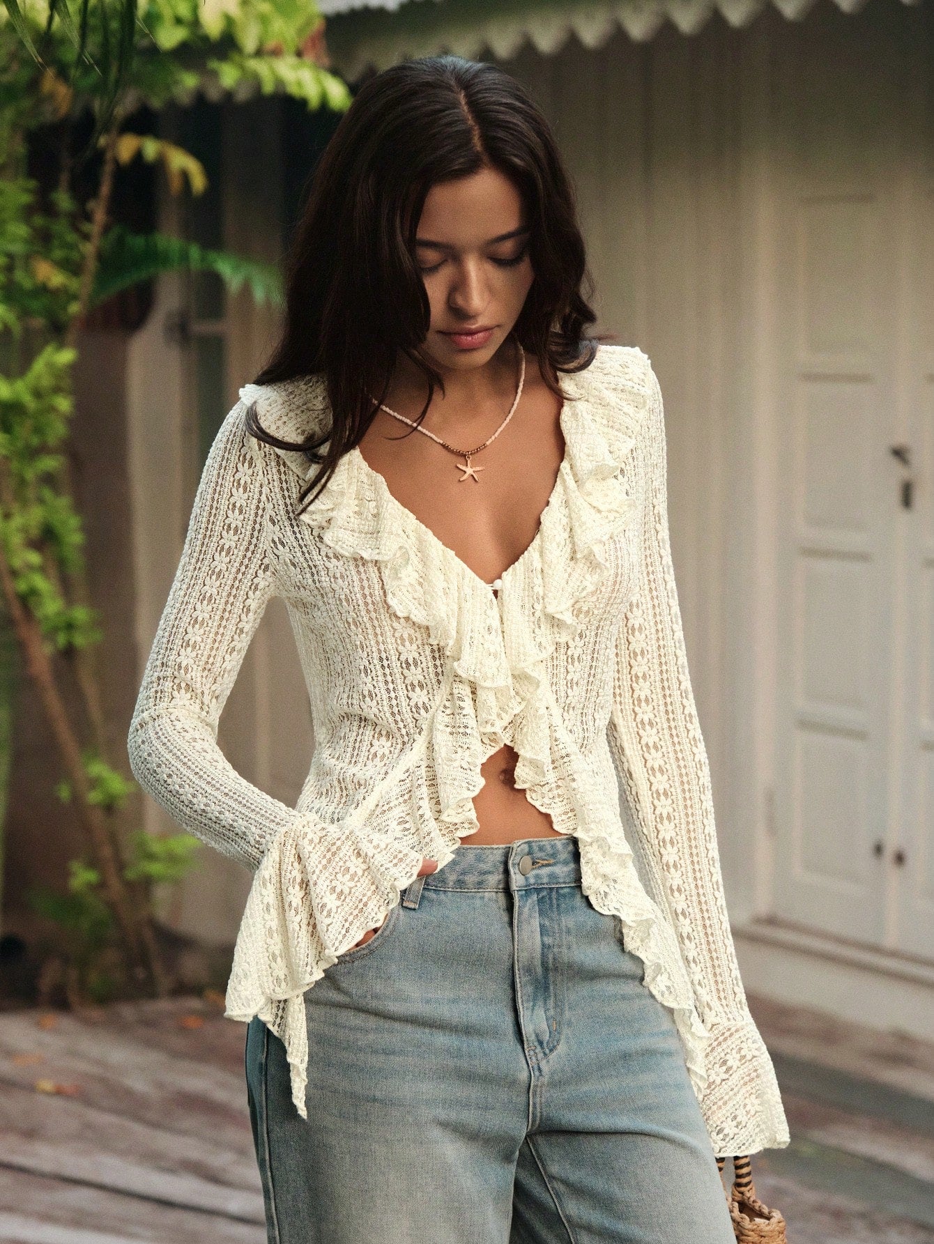 Poet Ruffle Lace Top – Cream Long Sleeve Romantic Blouse
