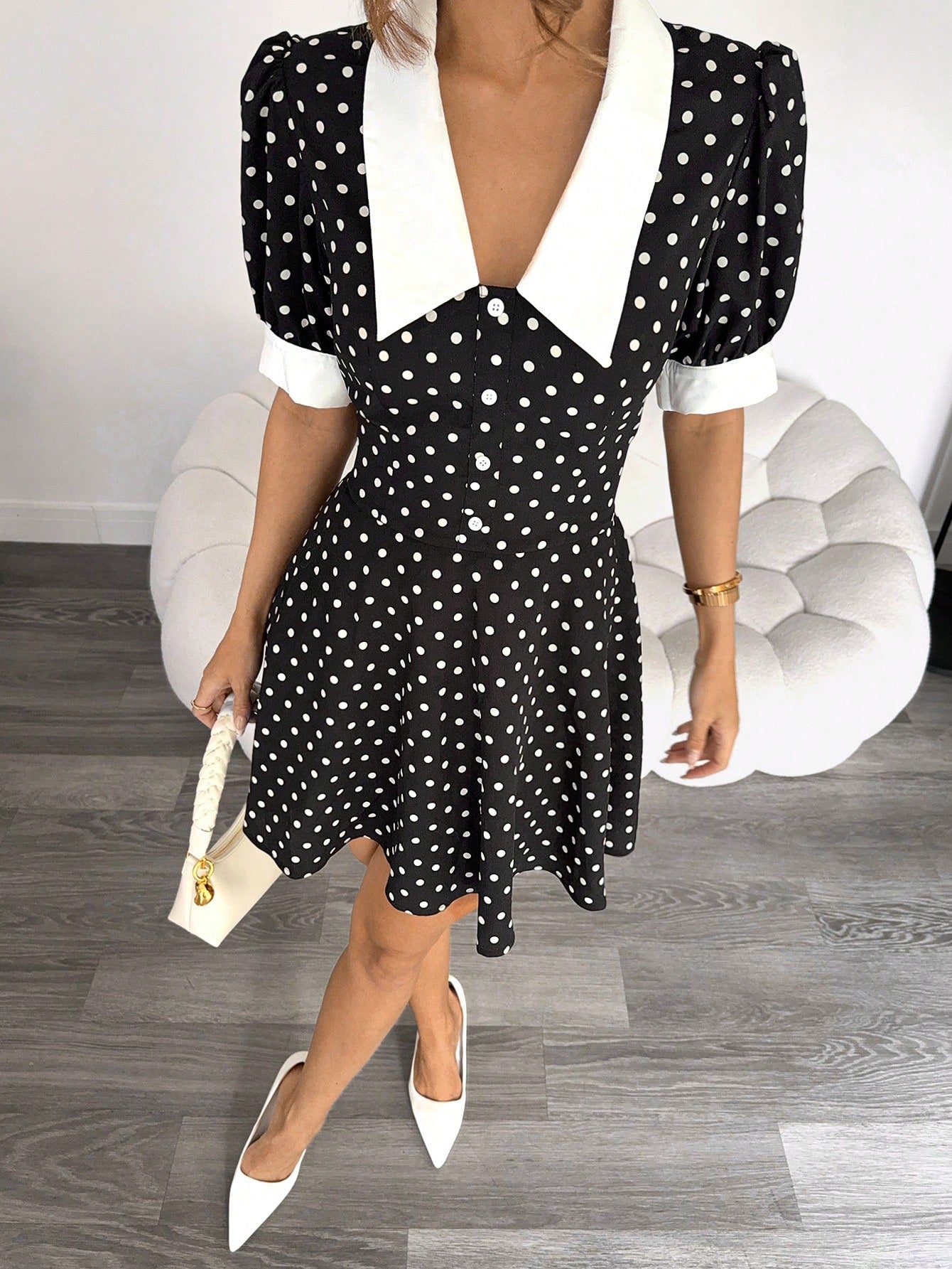 Monroe Polka Dot Mini Dress – Retro Black & White Collar Fit