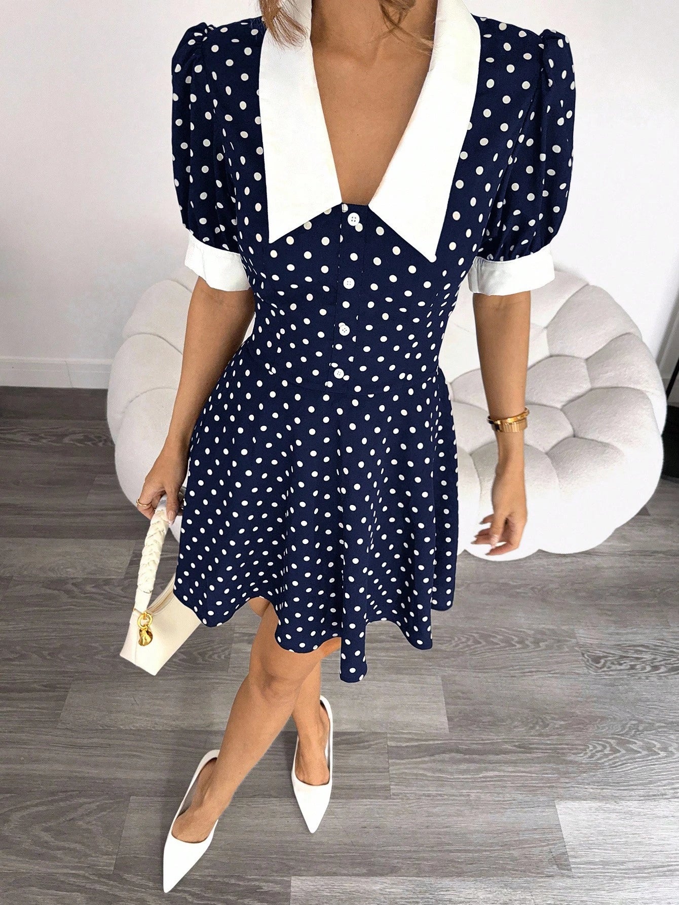 Monroe Polka Dot Mini Dress – Retro Black & White Collar Fit