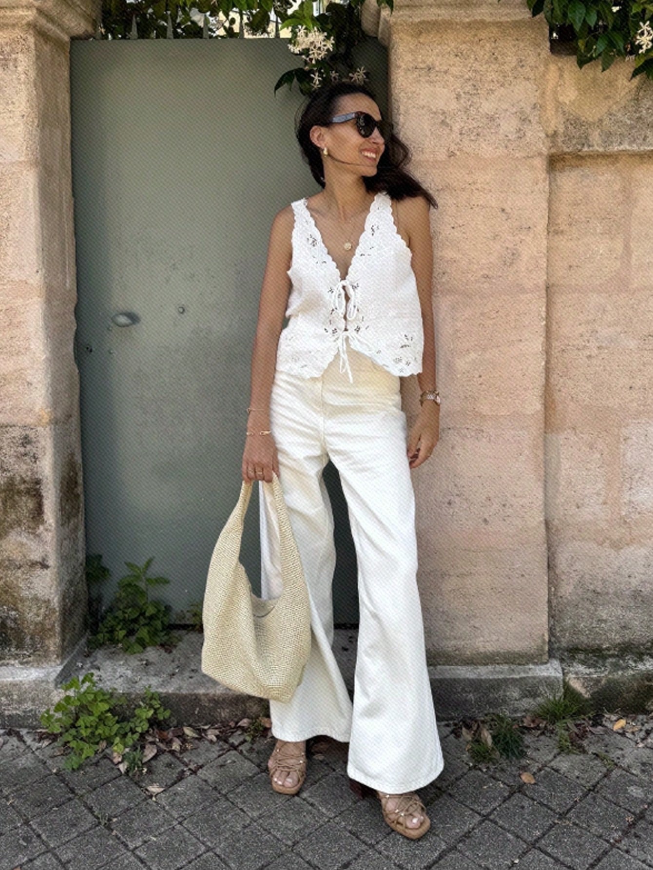 Soleil Eyelet Tie-Front Top – White Cotton Lace Tank