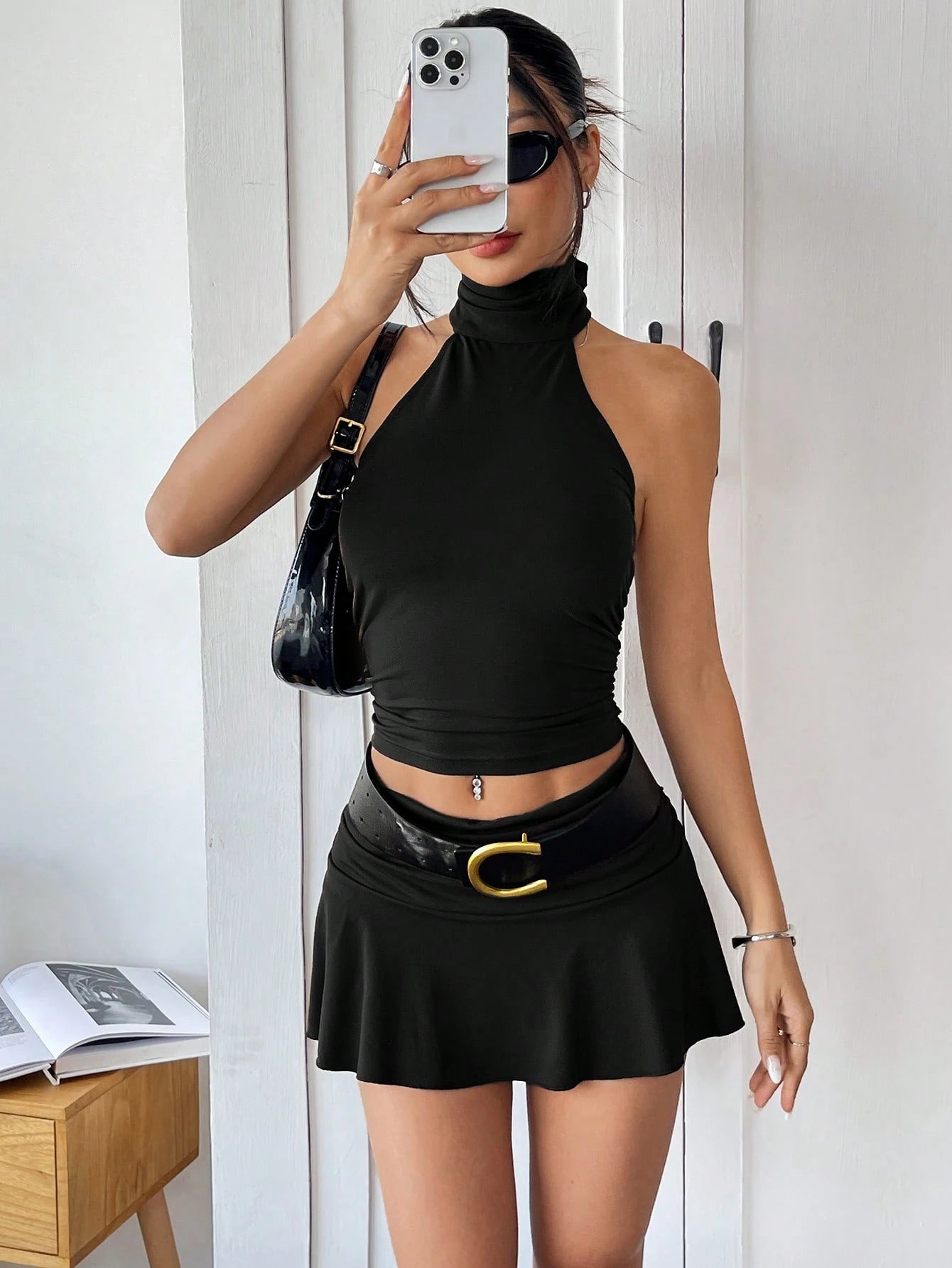 Ezwear Summer Western Music Festival Halter Ruched Mini Skirt 2 Pieces Set.