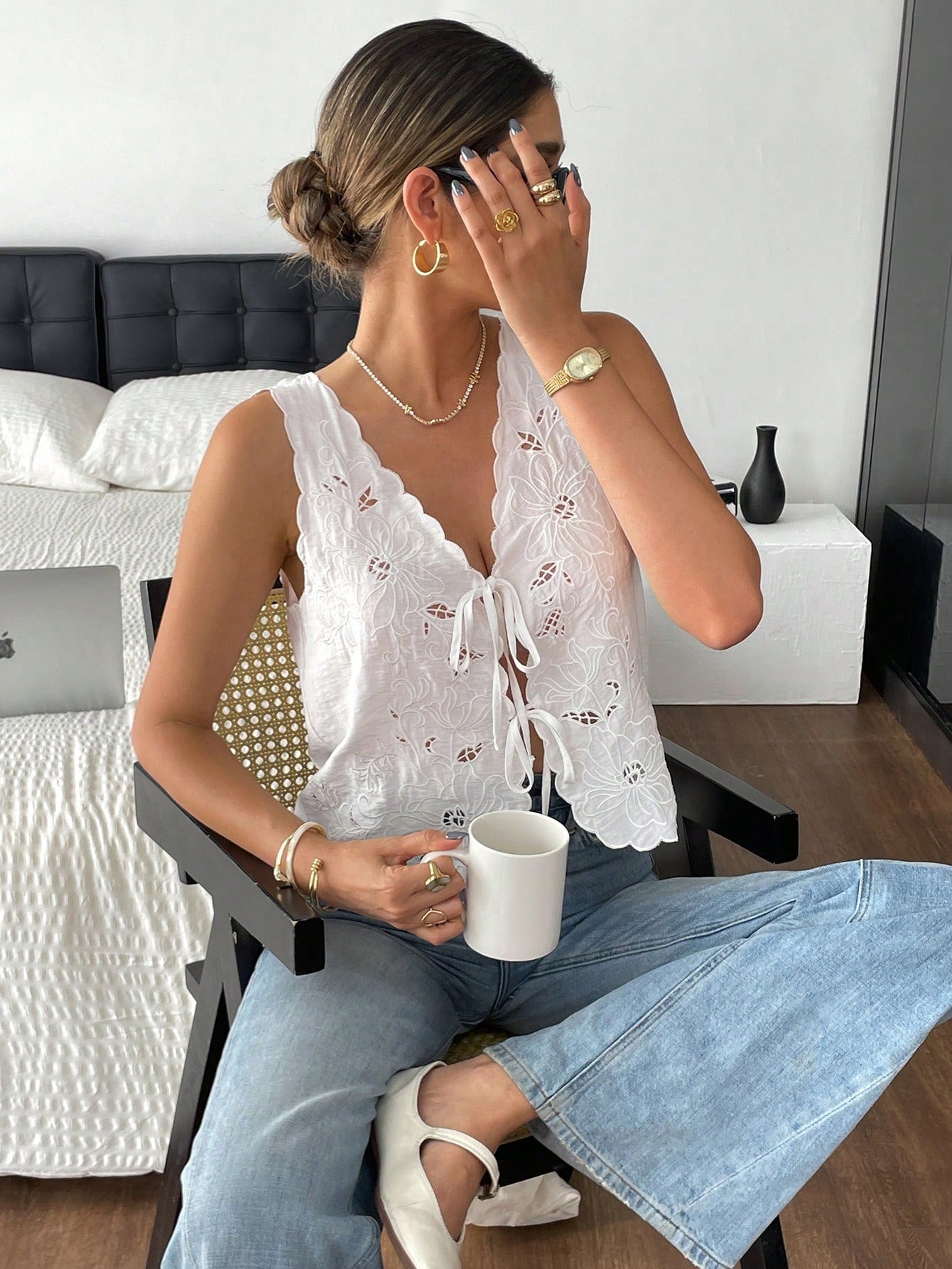 Soleil Eyelet Tie-Front Top – White Cotton Lace Tank