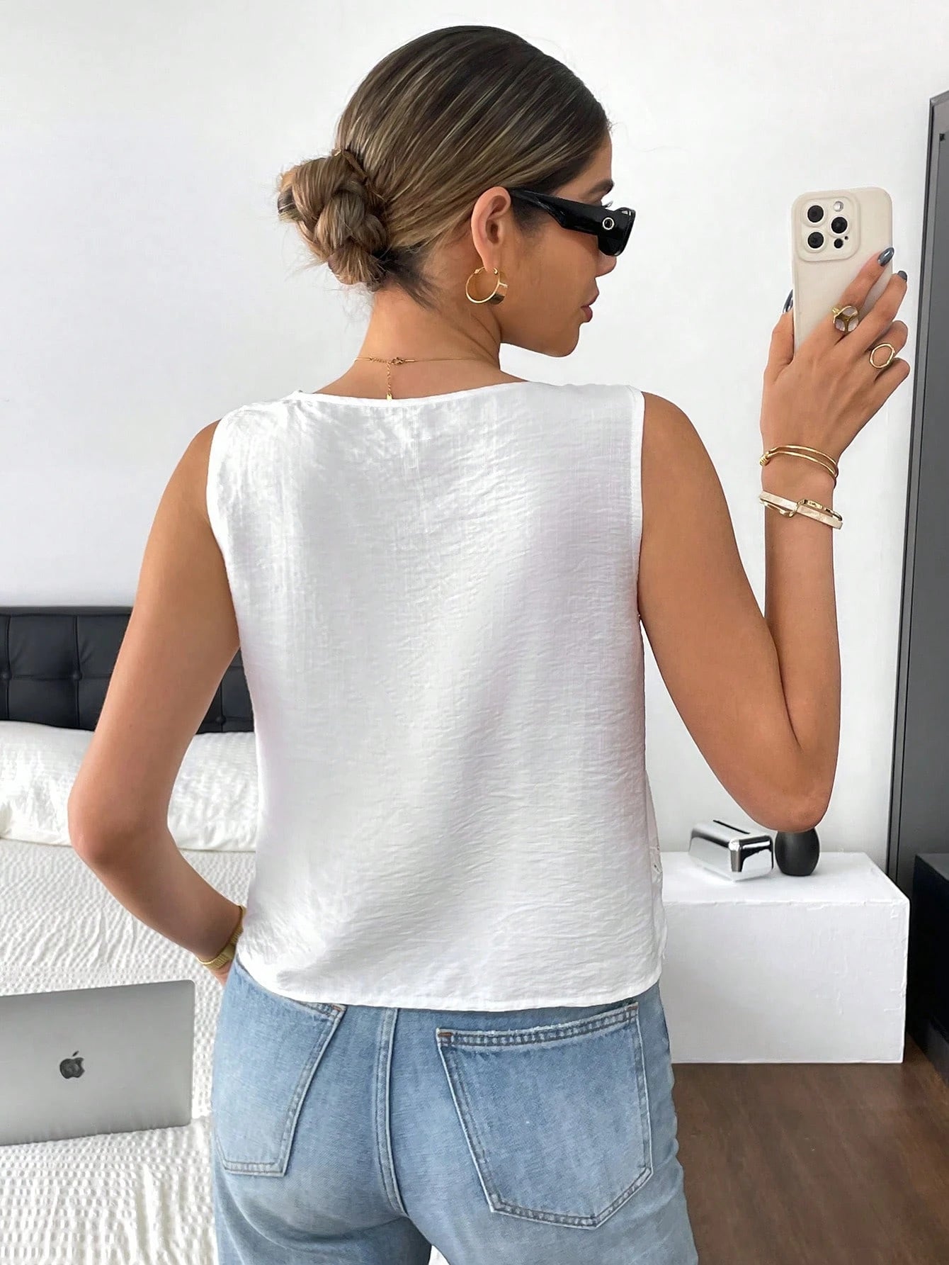Soleil Eyelet Tie-Front Top – White Cotton Lace Tank