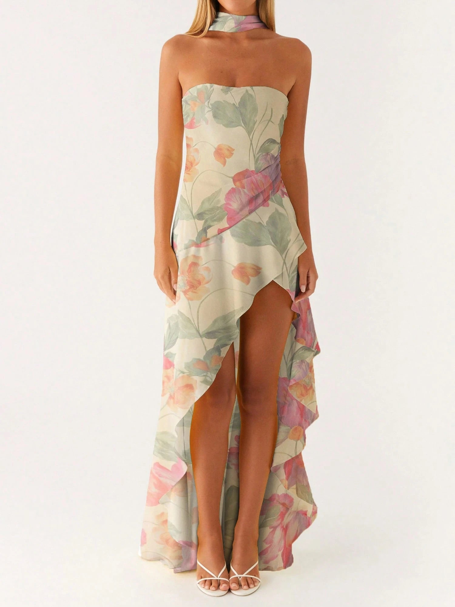 Women'S Strapless Ruffle High Split Irregular Long Dress Sleeveless Backless Bodycon Cocktail Party Maxi Dress