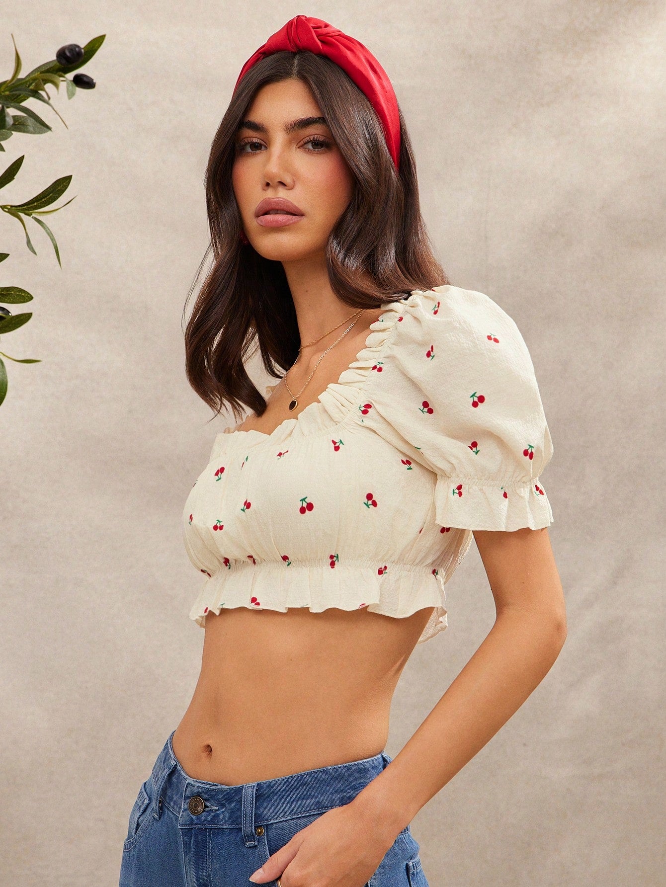 Sweet Cherry Puff Sleeve Crop Top