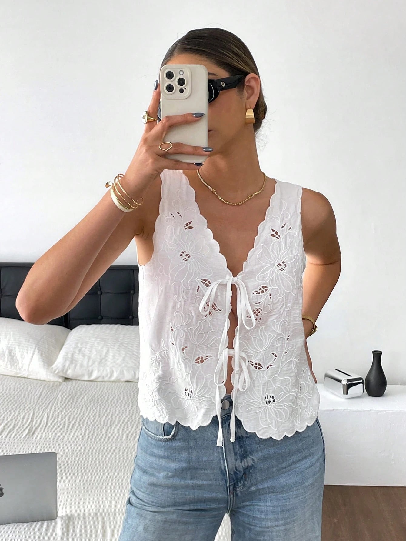 Soleil Eyelet Tie-Front Top – White Cotton Lace Tank