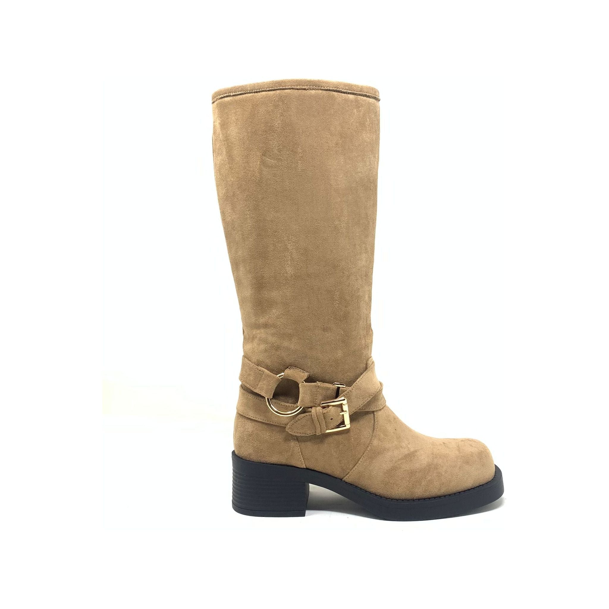 Biker Girl - Women Suede Square Toe Mid-Calf Biker Boot