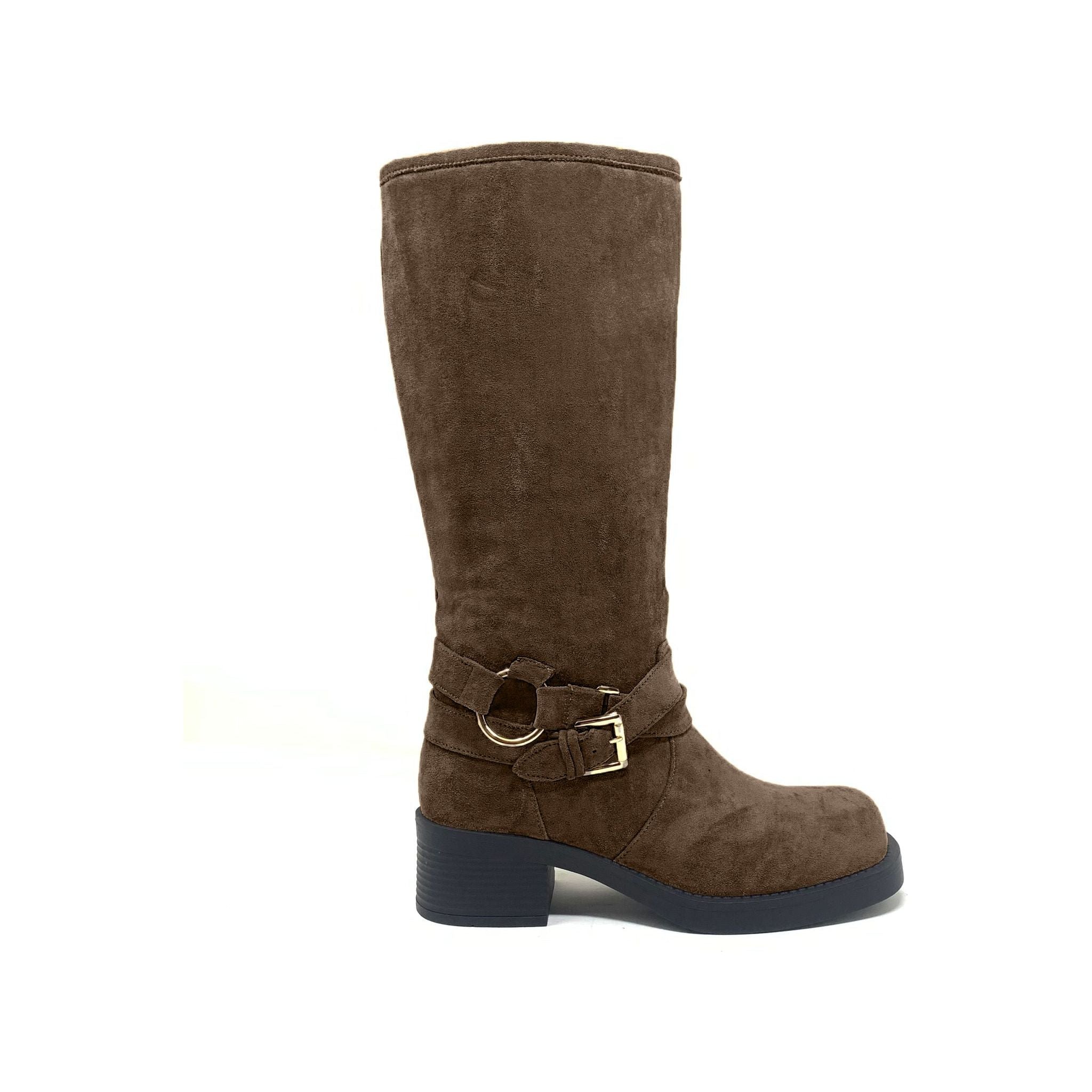 Biker Girl - Women Suede Square Toe Mid-Calf Biker Boot